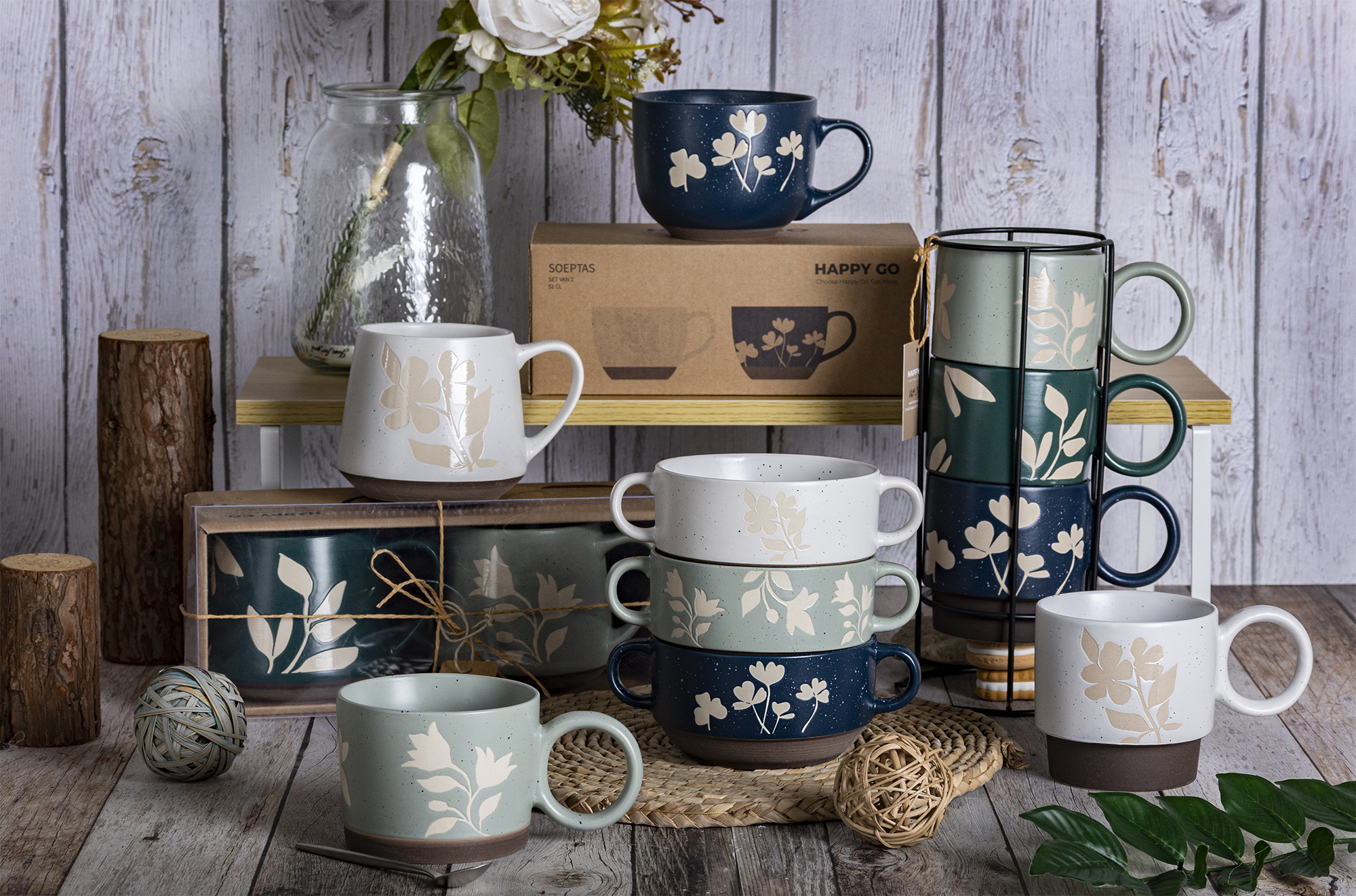 CHANGSHA HAPPY GO Embossed Floral Ceramic Mug and Bowl Set – Stackable Coffee Cups with Rustic Glaze and Gift Packaging|happygodinnerware.com