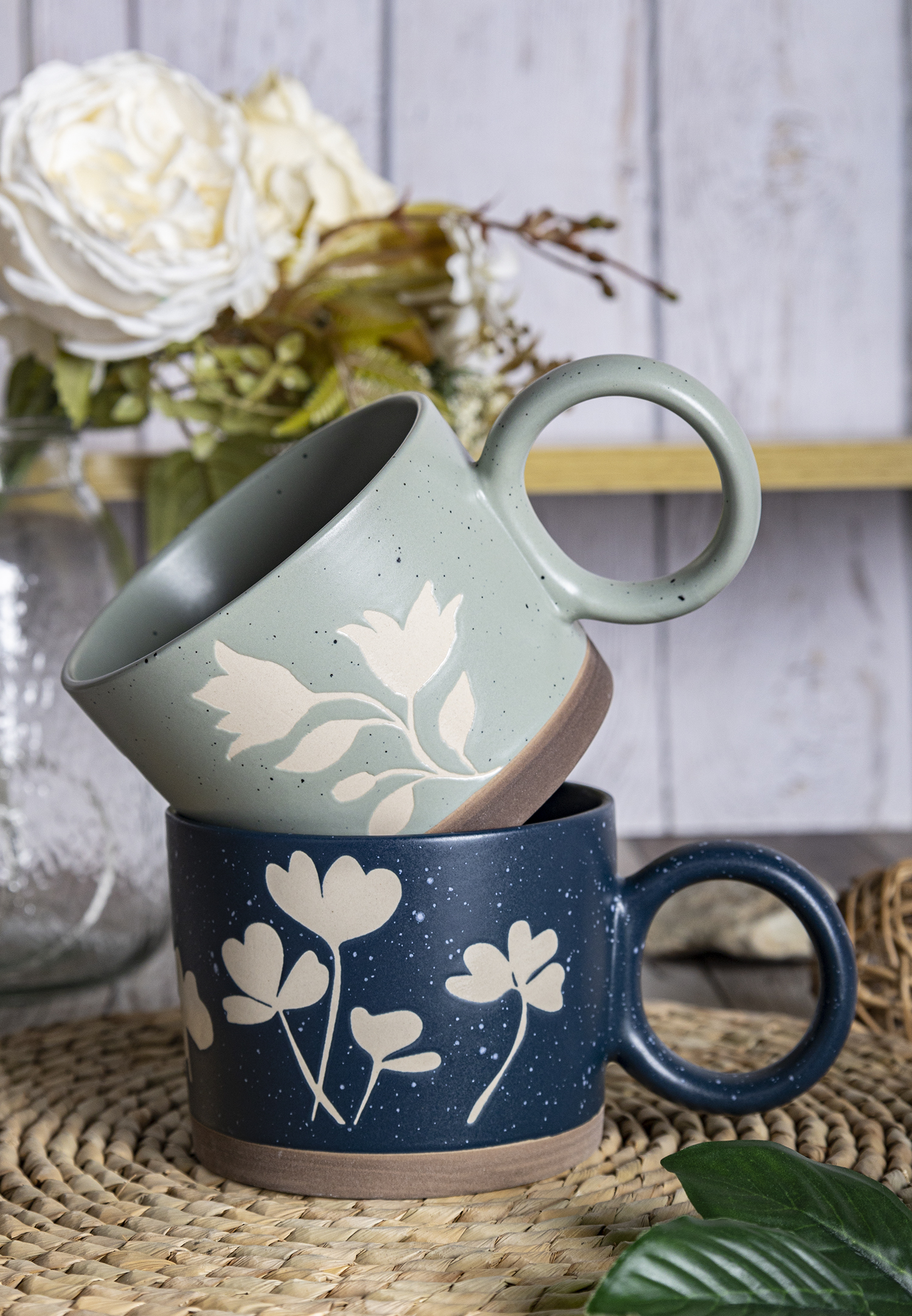 CHANGSHA HAPPY GO Embossed Floral Ceramic Mug and Bowl Set – Stackable Coffee Cups with Rustic Glaze and Gift Packaging|happygodinnerware.com