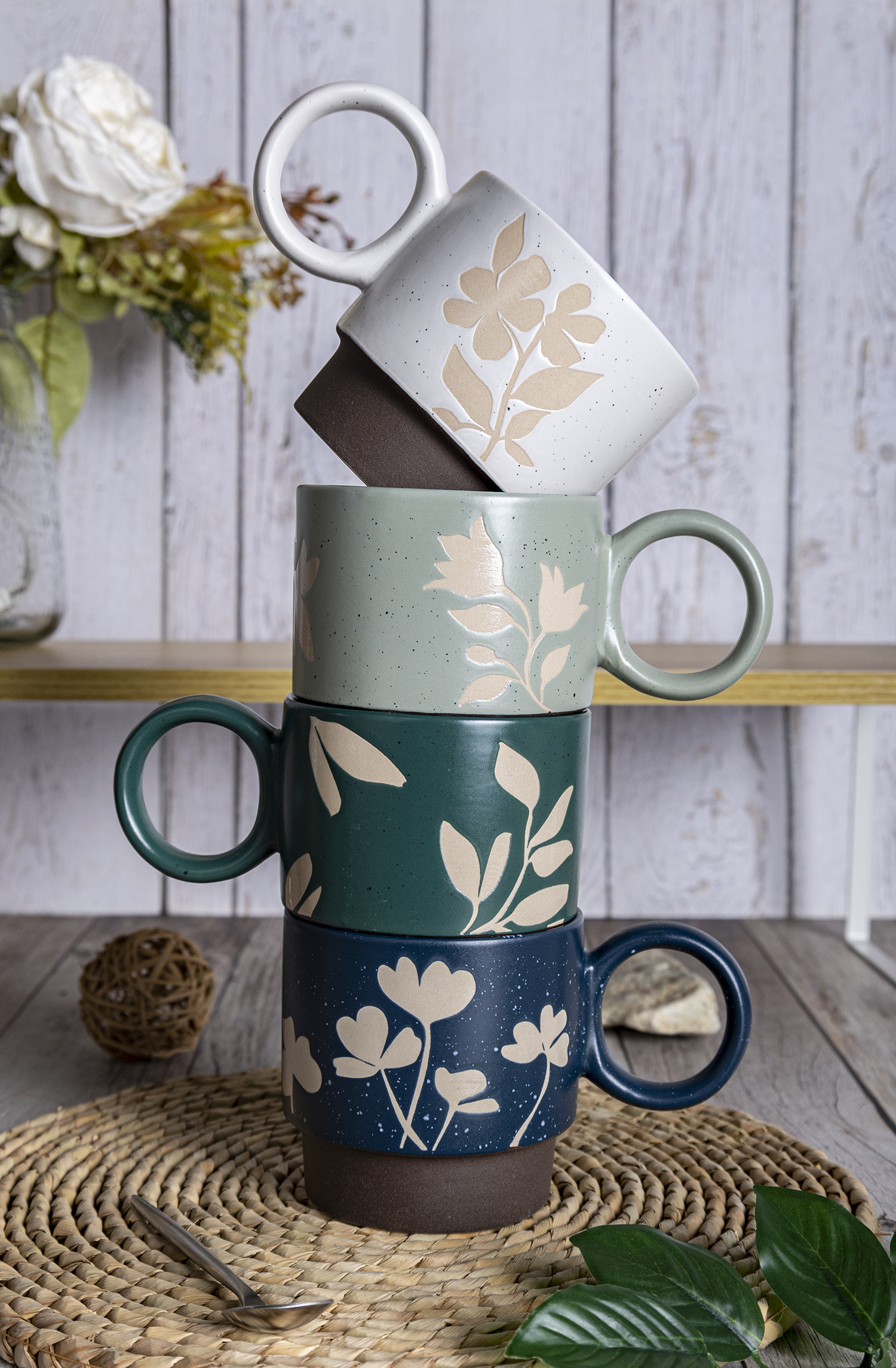 CHANGSHA HAPPY GO Embossed Floral Ceramic Mug and Bowl Set – Stackable Coffee Cups with Rustic Glaze and Gift Packaging|happygodinnerware.com