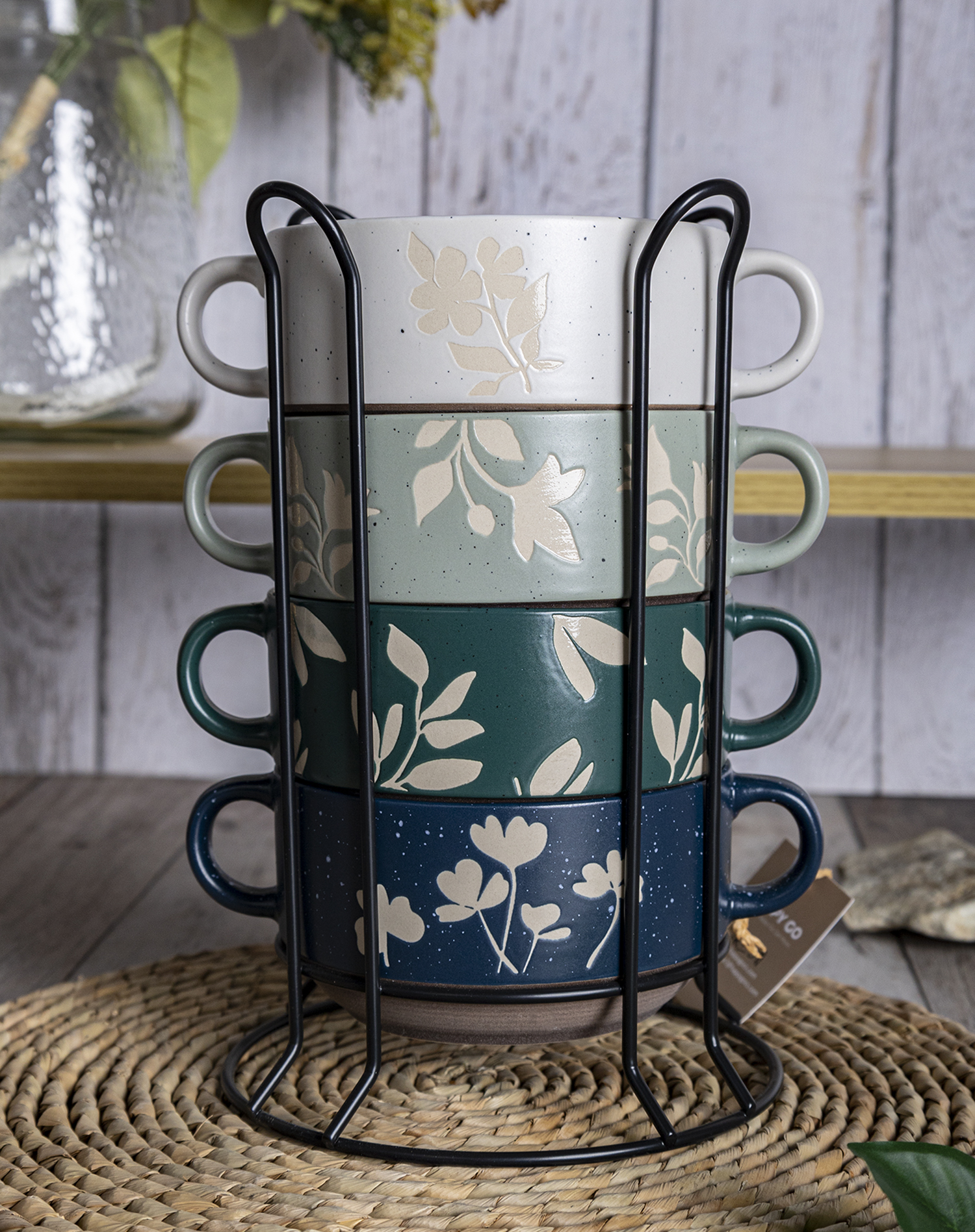 CHANGSHA HAPPY GO Embossed Floral Ceramic Mug and Bowl Set – Stackable Coffee Cups with Rustic Glaze and Gift Packaging|happygodinnerware.com