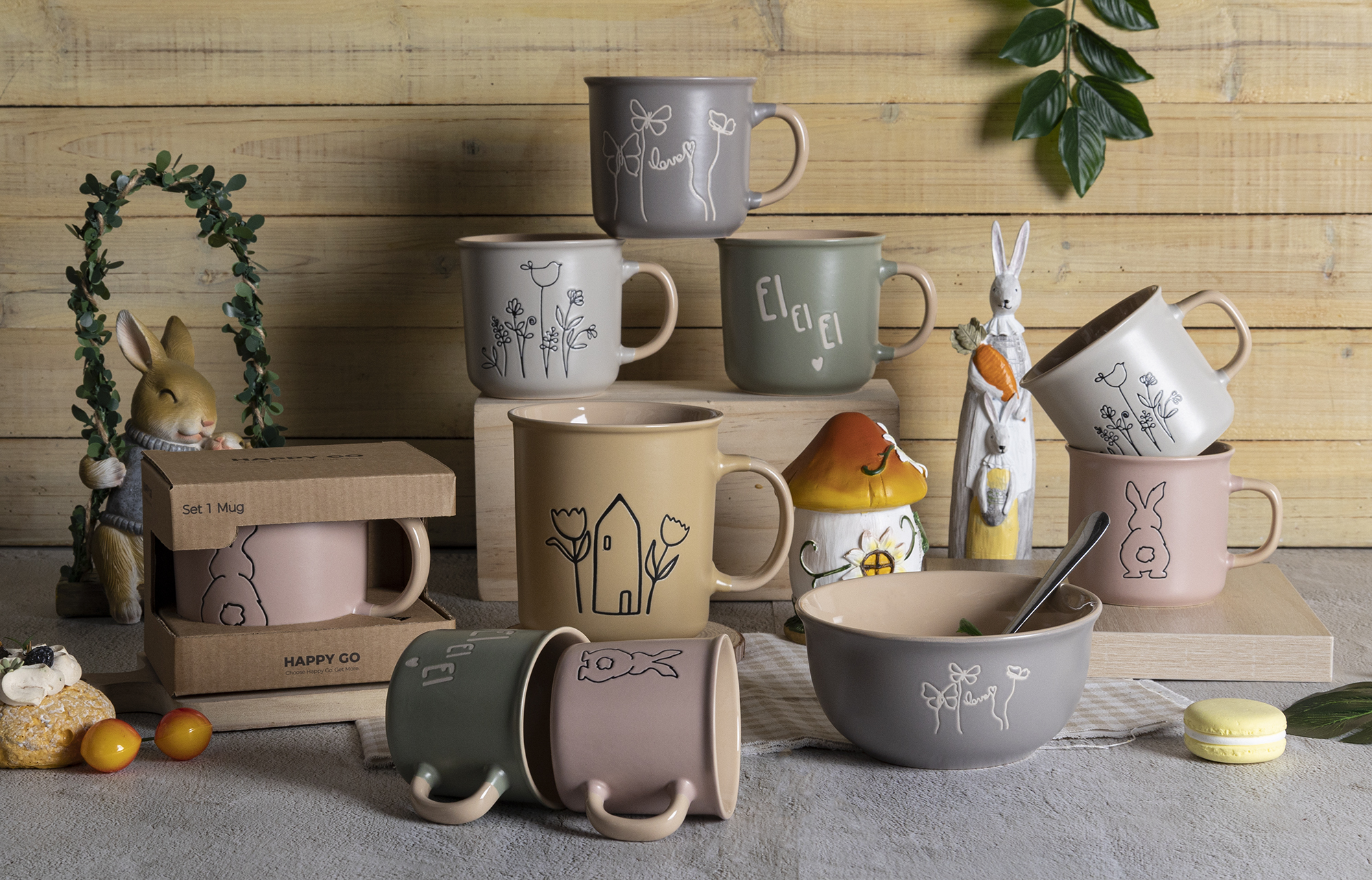 CHANGSHA HAPPY GO Easter Bunny and Floral Sketch Ceramic Mug Set – Pastel Coffee Cups and Bowls with Gift Packaging|happygodinnerware.com