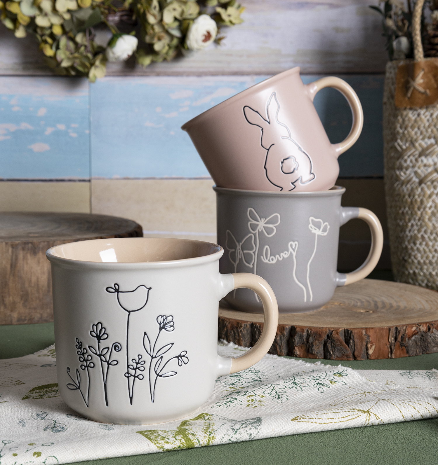 CHANGSHA HAPPY GO Easter Bunny and Floral Sketch Ceramic Mug Set – Pastel Coffee Cups and Bowls with Gift Packaging|happygodinnerware.com