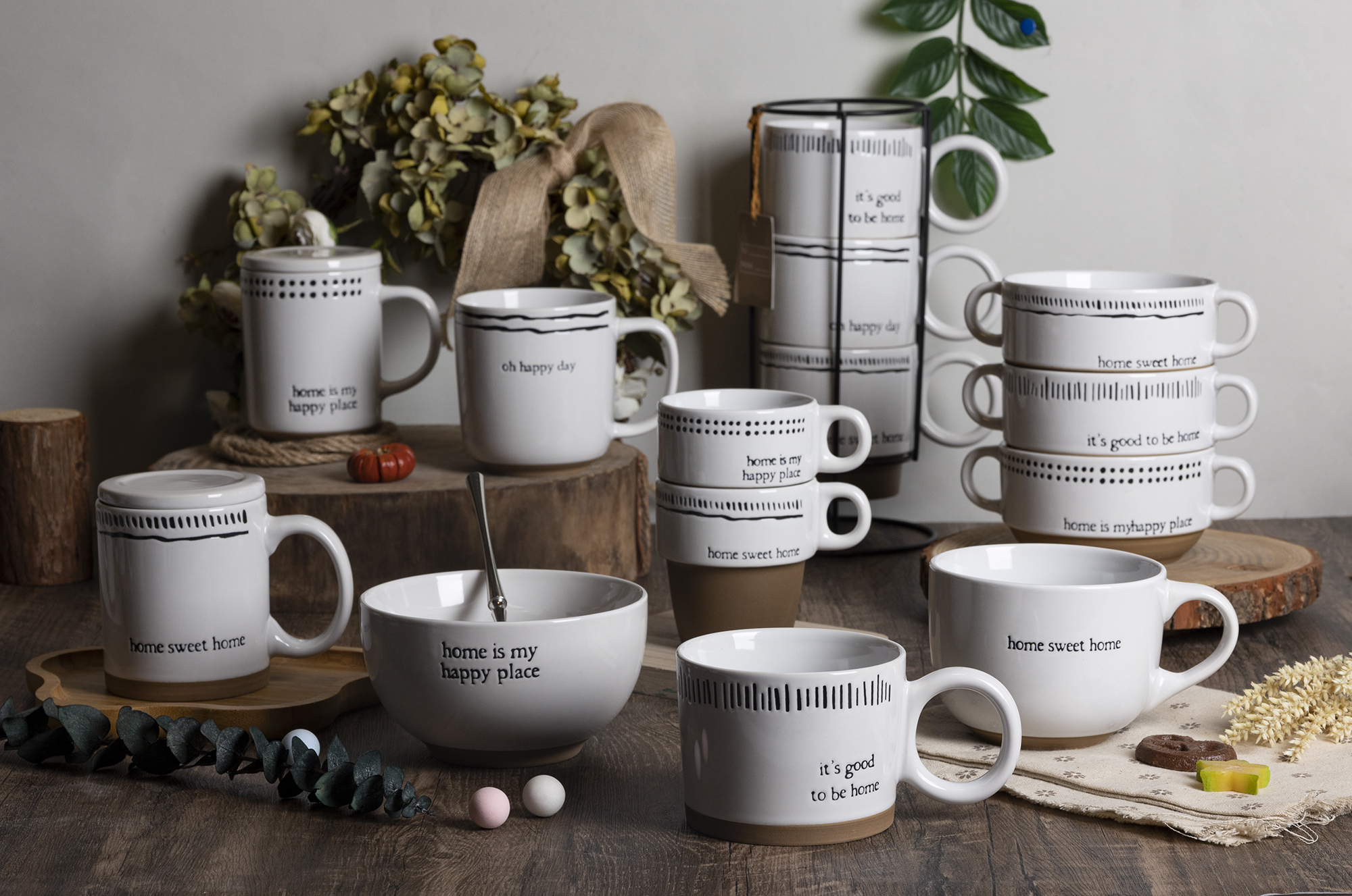 CHANGSHA HAPPY GO Minimalist Quote Ceramic Mug and Bowl Set – Black & White Stoneware with Home-Inspired Sayings and Stackable Design|happygodinnerware.com