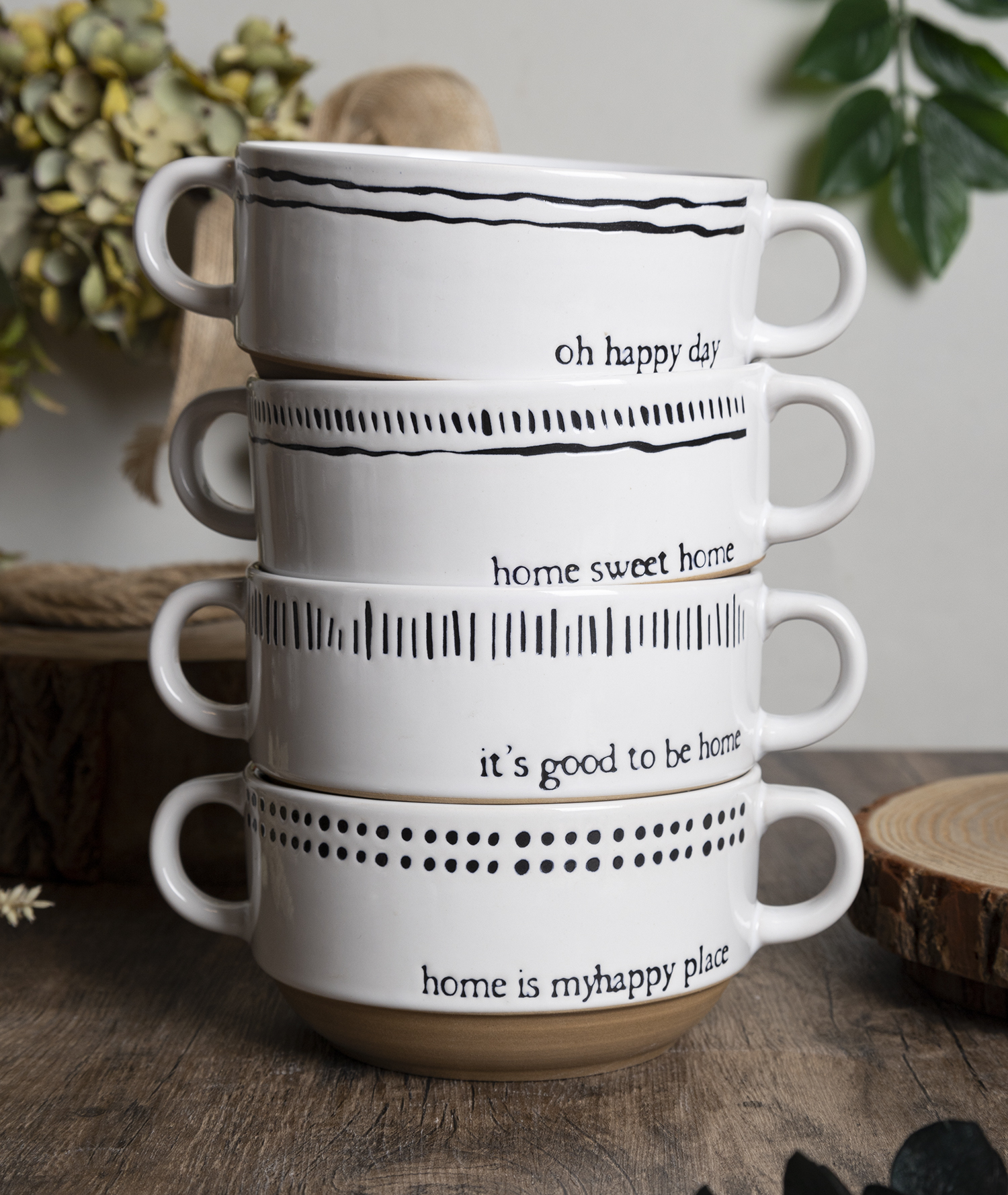 CHANGSHA HAPPY GO Minimalist Quote Ceramic Mug and Bowl Set – Black & White Stoneware with Home-Inspired Sayings and Stackable Design|happygodinnerware.com