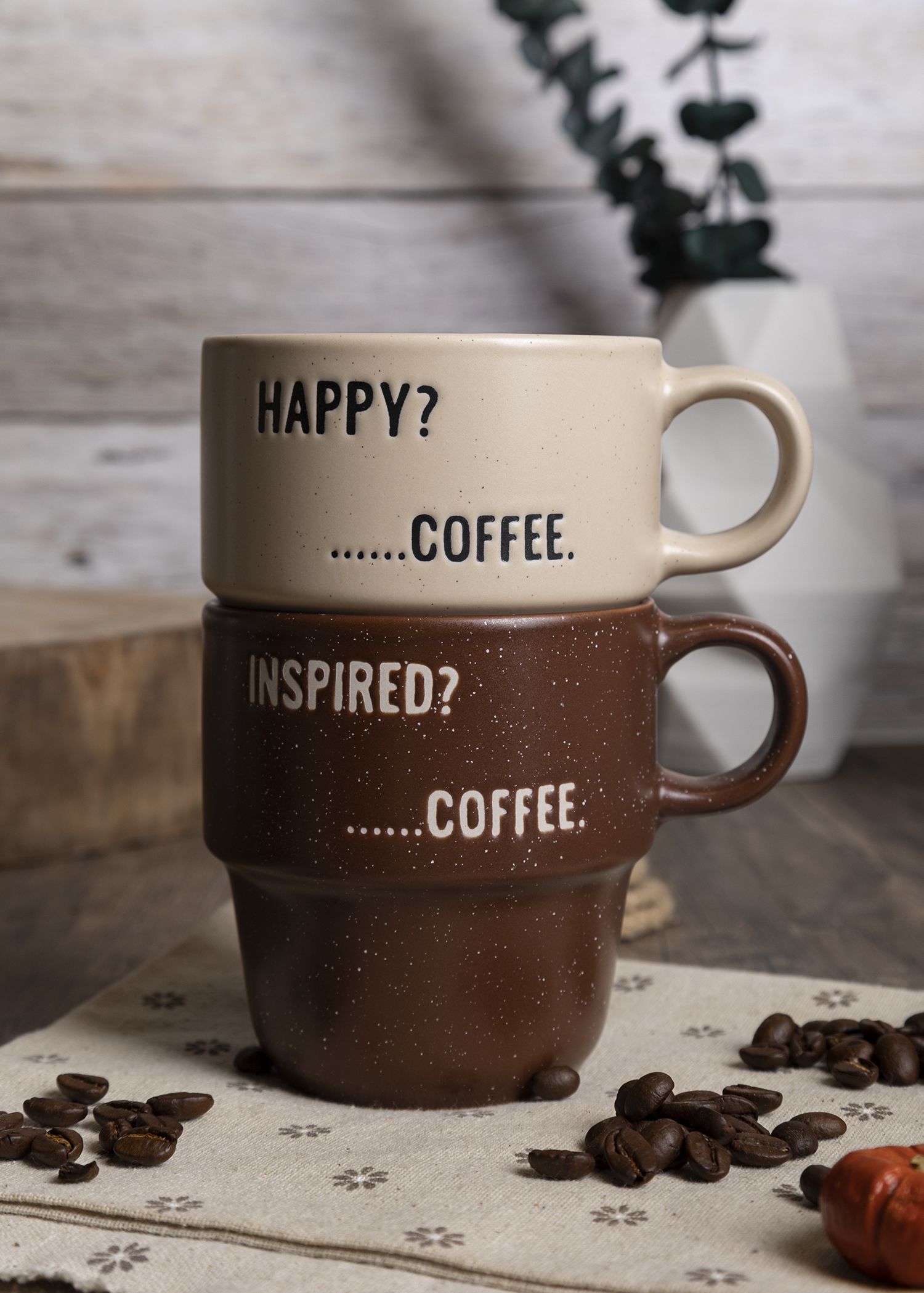 CHANGSHA HAPPY GO Mood Quote Ceramic Coffee Mug Set – Funny Printed Stackable Cups for Everyday Brew in Earthy Tones|happygodinnerware.com