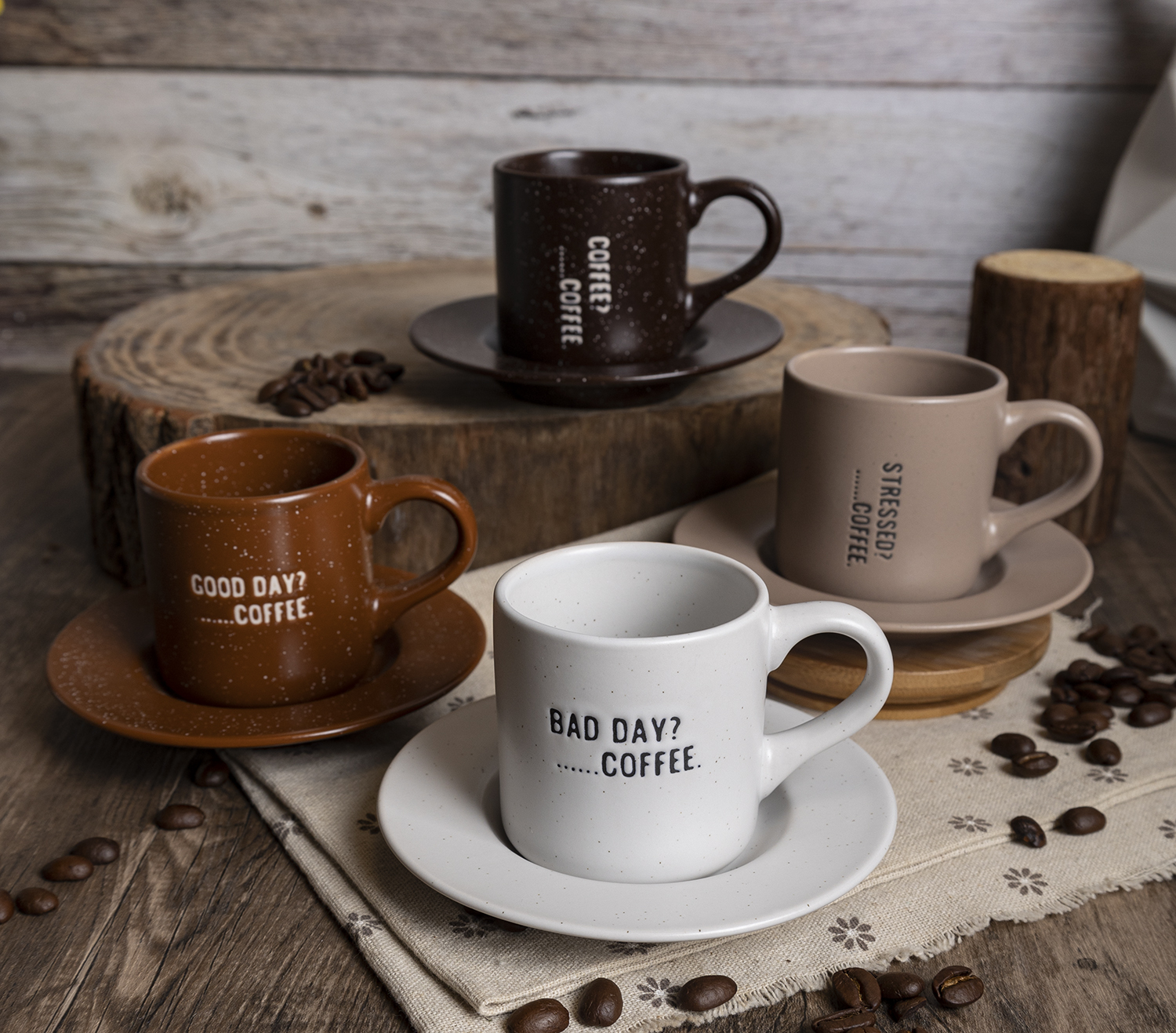CHANGSHA HAPPY GO Mood Quote Ceramic Coffee Mug Set – Funny Printed Stackable Cups for Everyday Brew in Earthy Tones|happygodinnerware.com