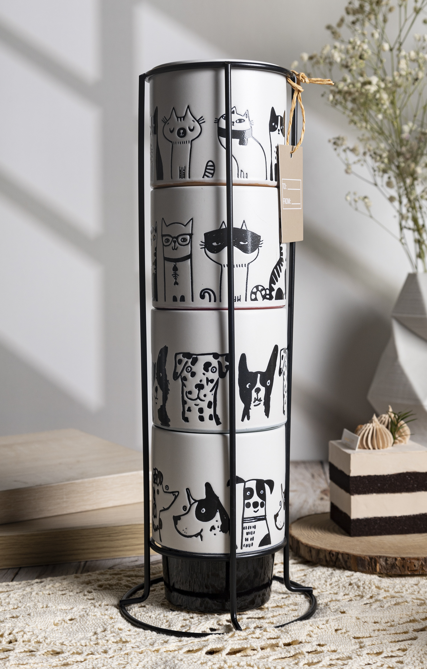 CHANGSHA HAPPY GO Cartoon Cat & Dog Print Ceramic Mug and Bowl Set – Stackable Coffee Cups with Gift Packaging for Pet Lovers|happygodinnerware.com