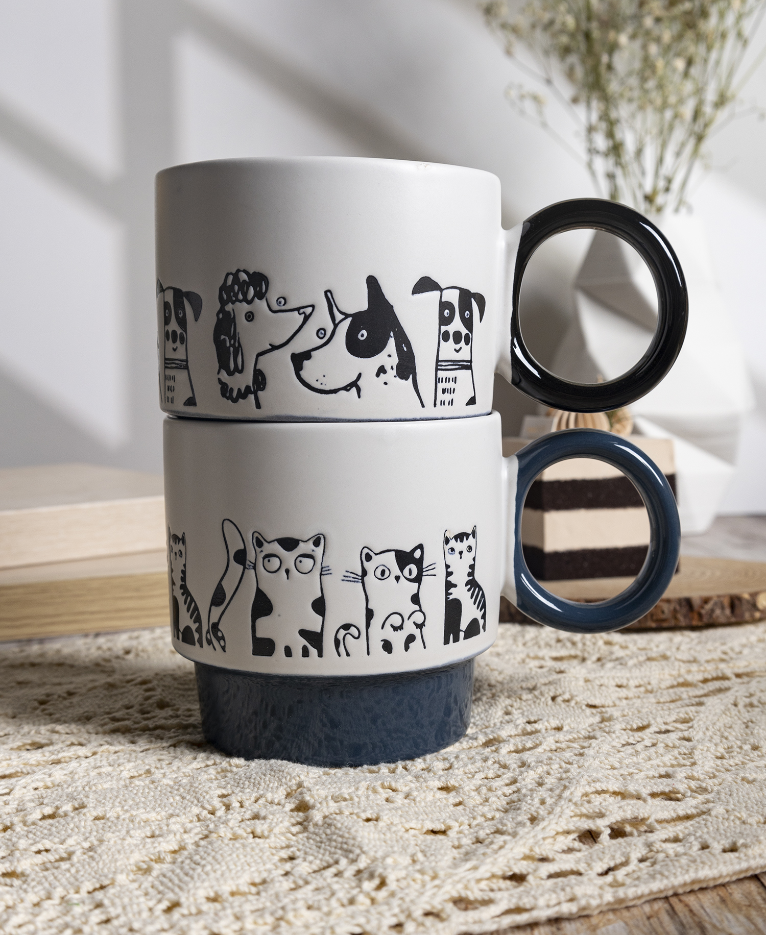 CHANGSHA HAPPY GO Cartoon Cat & Dog Print Ceramic Mug and Bowl Set – Stackable Coffee Cups with Gift Packaging for Pet Lovers|happygodinnerware.com
