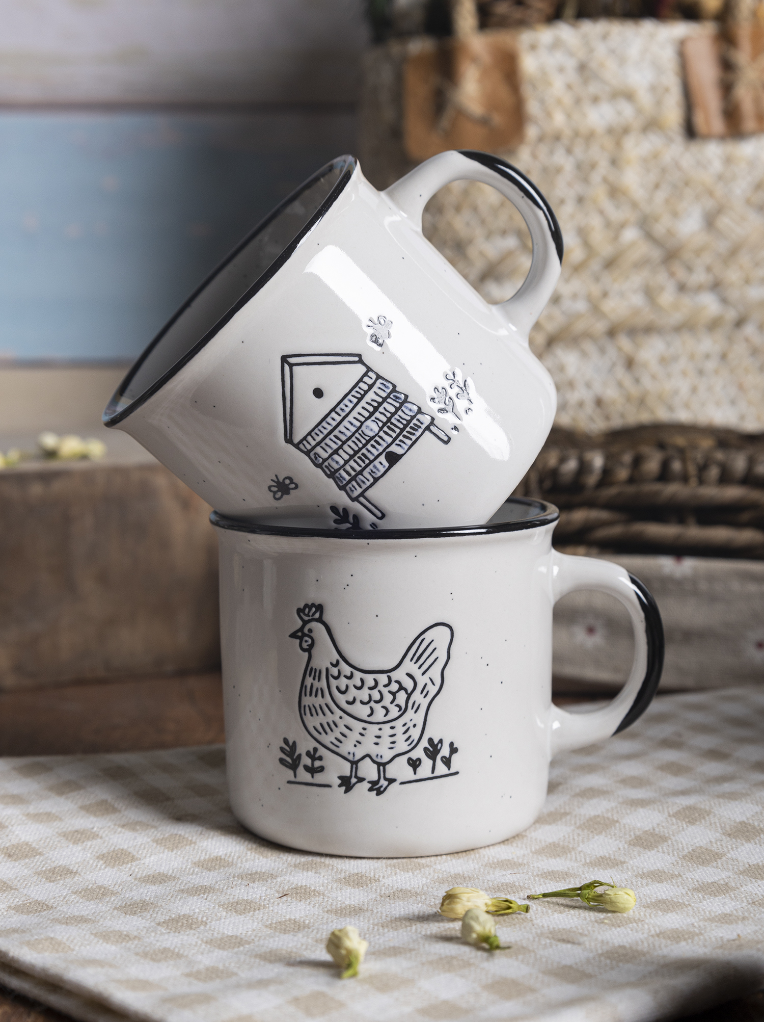 CHANGSHA HAPPY GO Farmhouse Sketch Ceramic Mug and Bowl Set – Black Rim Enamel-Style Cups with Country Animal & Barn Designs|happygodinnerware.com
