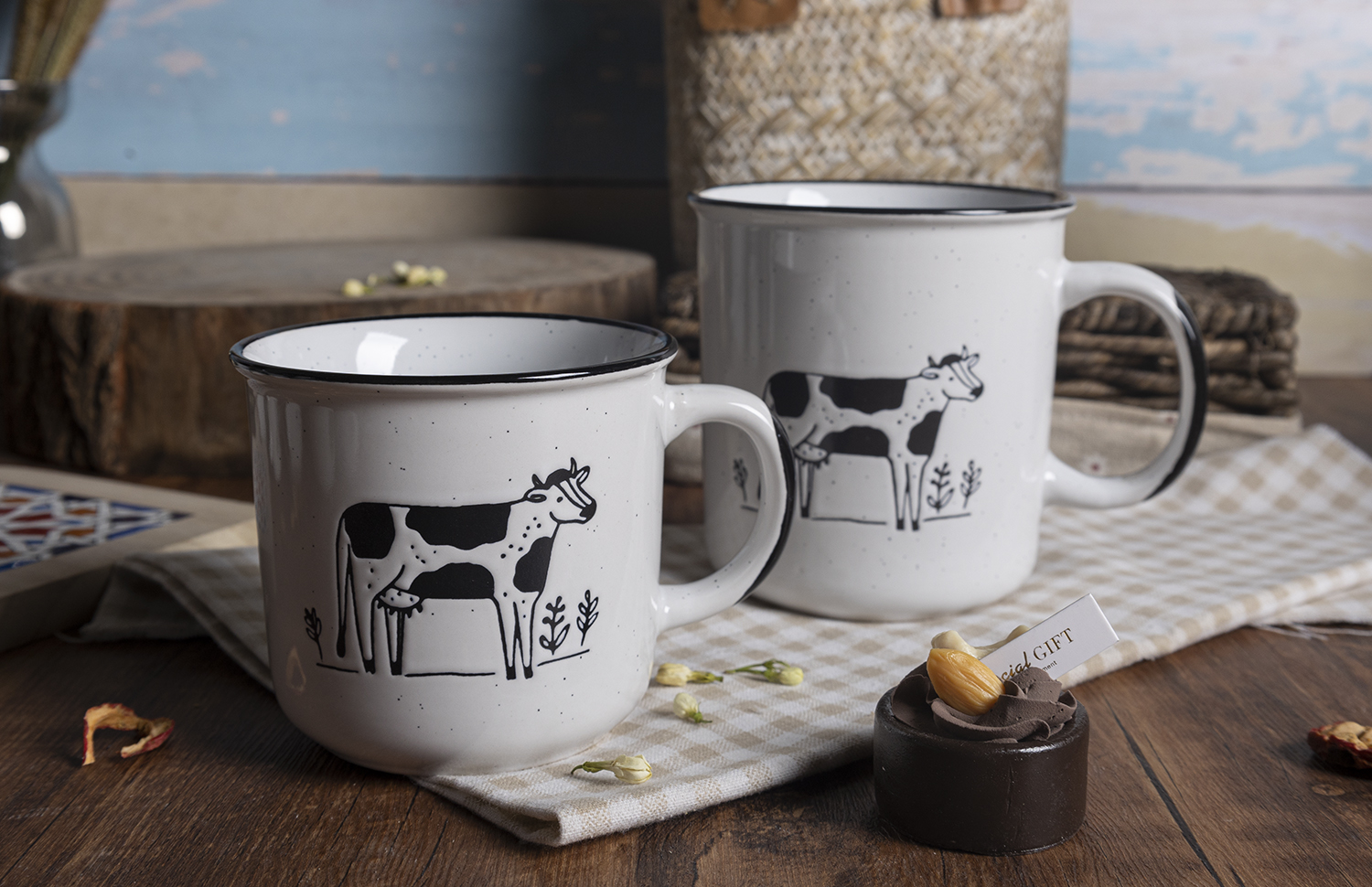 CHANGSHA HAPPY GO Farmhouse Sketch Ceramic Mug and Bowl Set – Black Rim Enamel-Style Cups with Country Animal & Barn Designs|happygodinnerware.com
