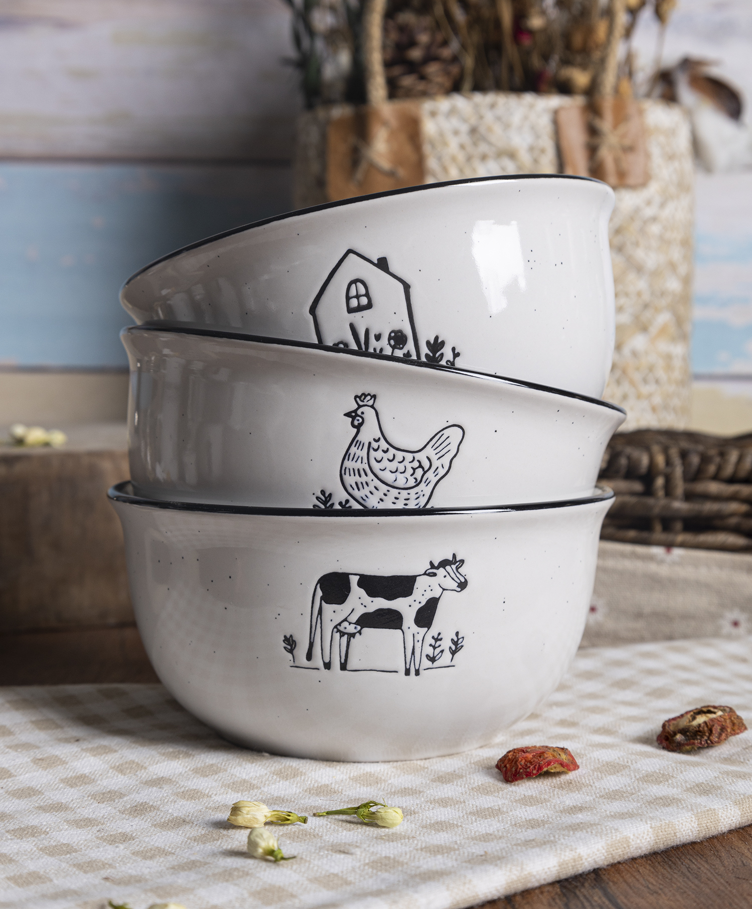 CHANGSHA HAPPY GO Farmhouse Sketch Ceramic Mug and Bowl Set – Black Rim Enamel-Style Cups with Country Animal & Barn Designs|happygodinnerware.com