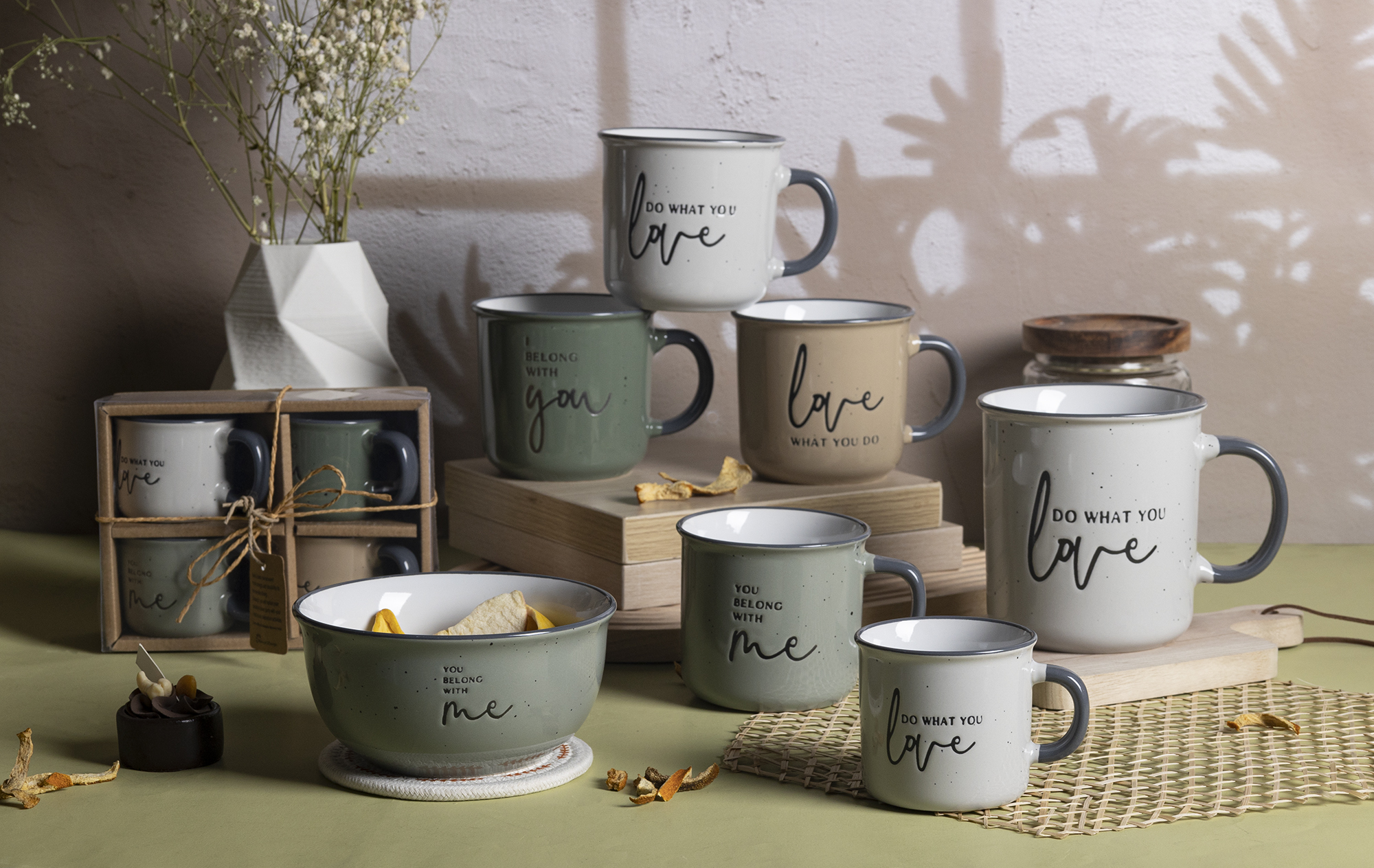 CHANGSHA HAPPY GO Inspirational Script Ceramic Mug and Bowl Set – Vintage Rim Coffee Cups with Love & Life Quotes|happygodinnerware.com