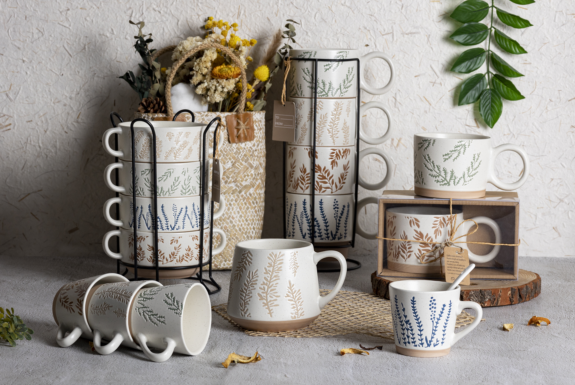 CHANGSHA HAPPY GO Botanical Embossed Ceramic Mug Set – Rustic Nature-Inspired Stackable Cups with Gift Packaging|happygodinnerware.com