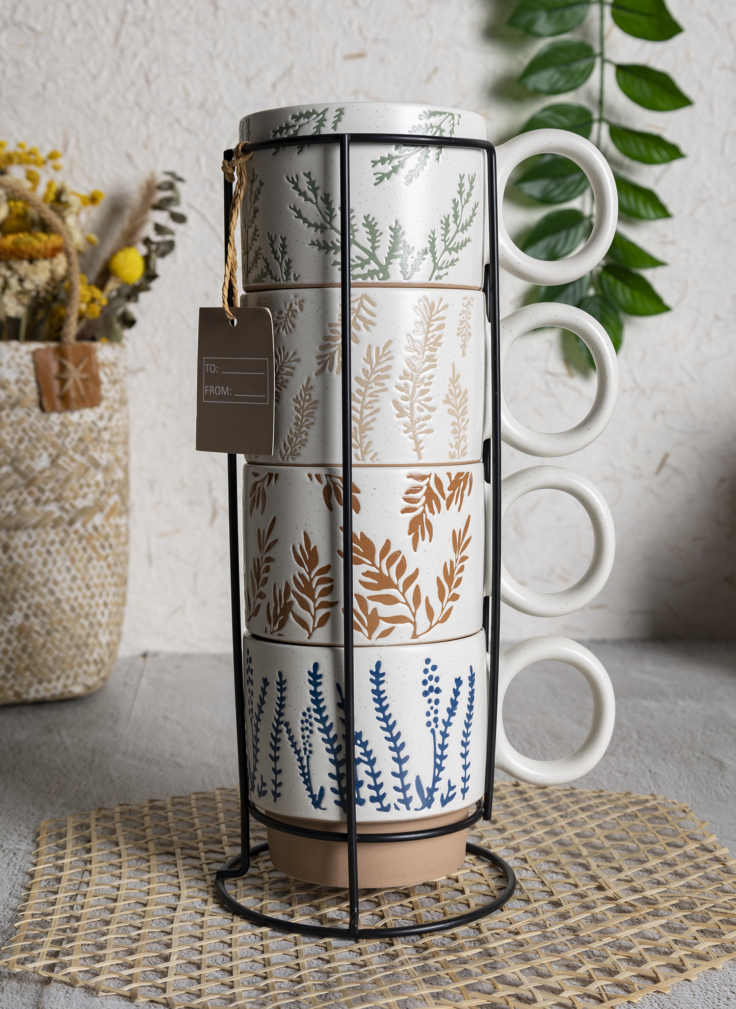 CHANGSHA HAPPY GO Botanical Embossed Ceramic Mug Set – Rustic Nature-Inspired Stackable Cups with Gift Packaging|happygodinnerware.com