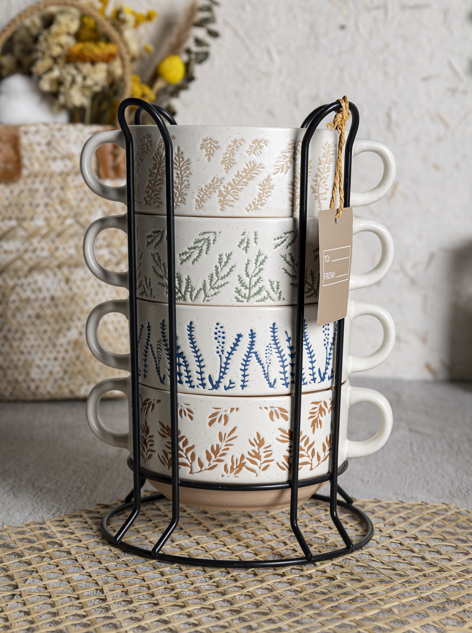 CHANGSHA HAPPY GO Botanical Embossed Ceramic Mug Set – Rustic Nature-Inspired Stackable Cups with Gift Packaging|happygodinnerware.com