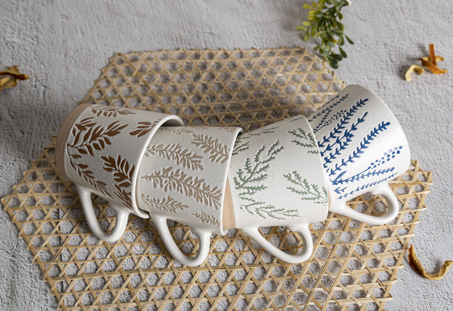 CHANGSHA HAPPY GO Botanical Embossed Ceramic Mug Set – Rustic Nature-Inspired Stackable Cups with Gift Packaging|happygodinnerware.com
