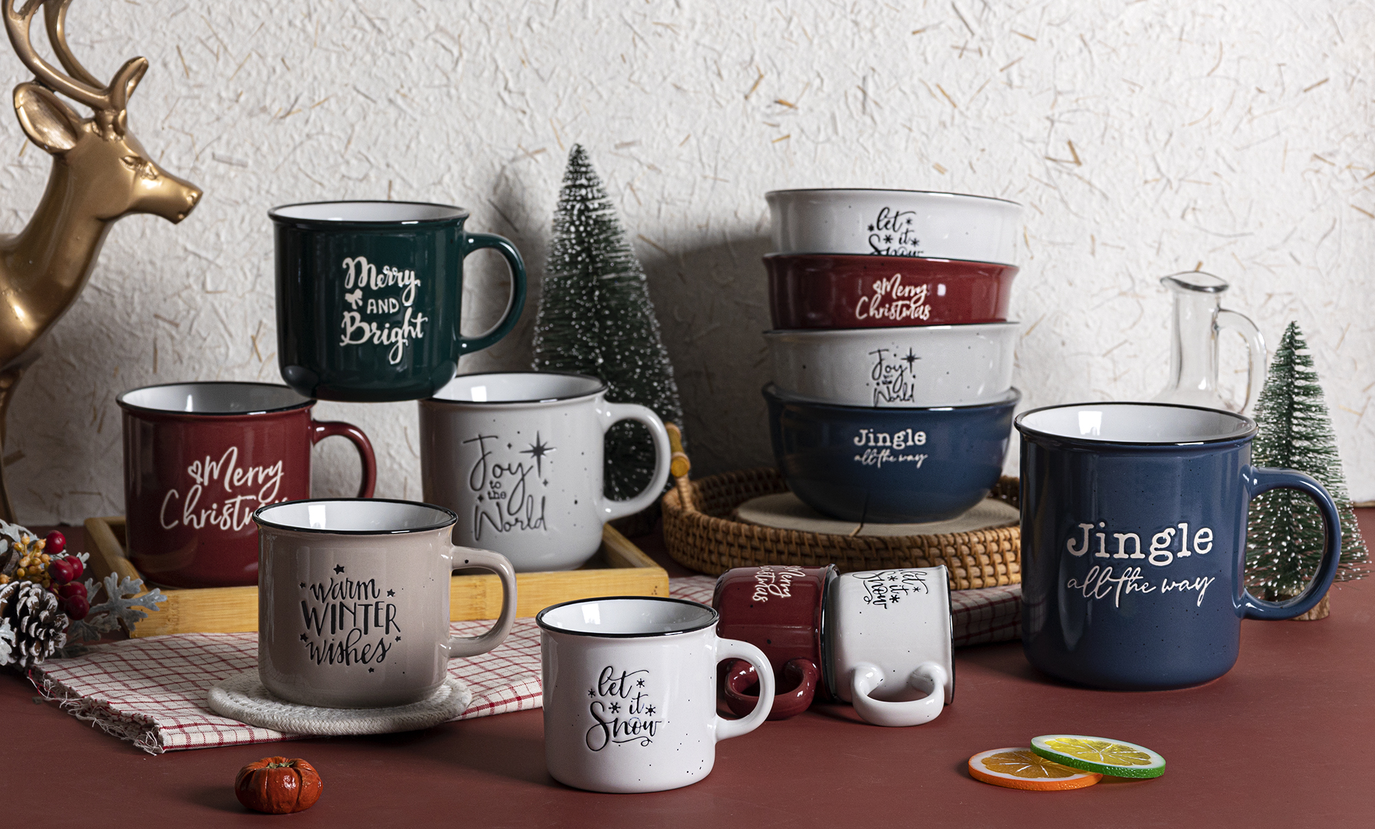 CHANGSHA HAPPY GO Holiday Quote Ceramic Mug and Bowl Set – Christmas & Winter-Themed Enamel Style Cups for Festive Gifting|happygodinnerware.com