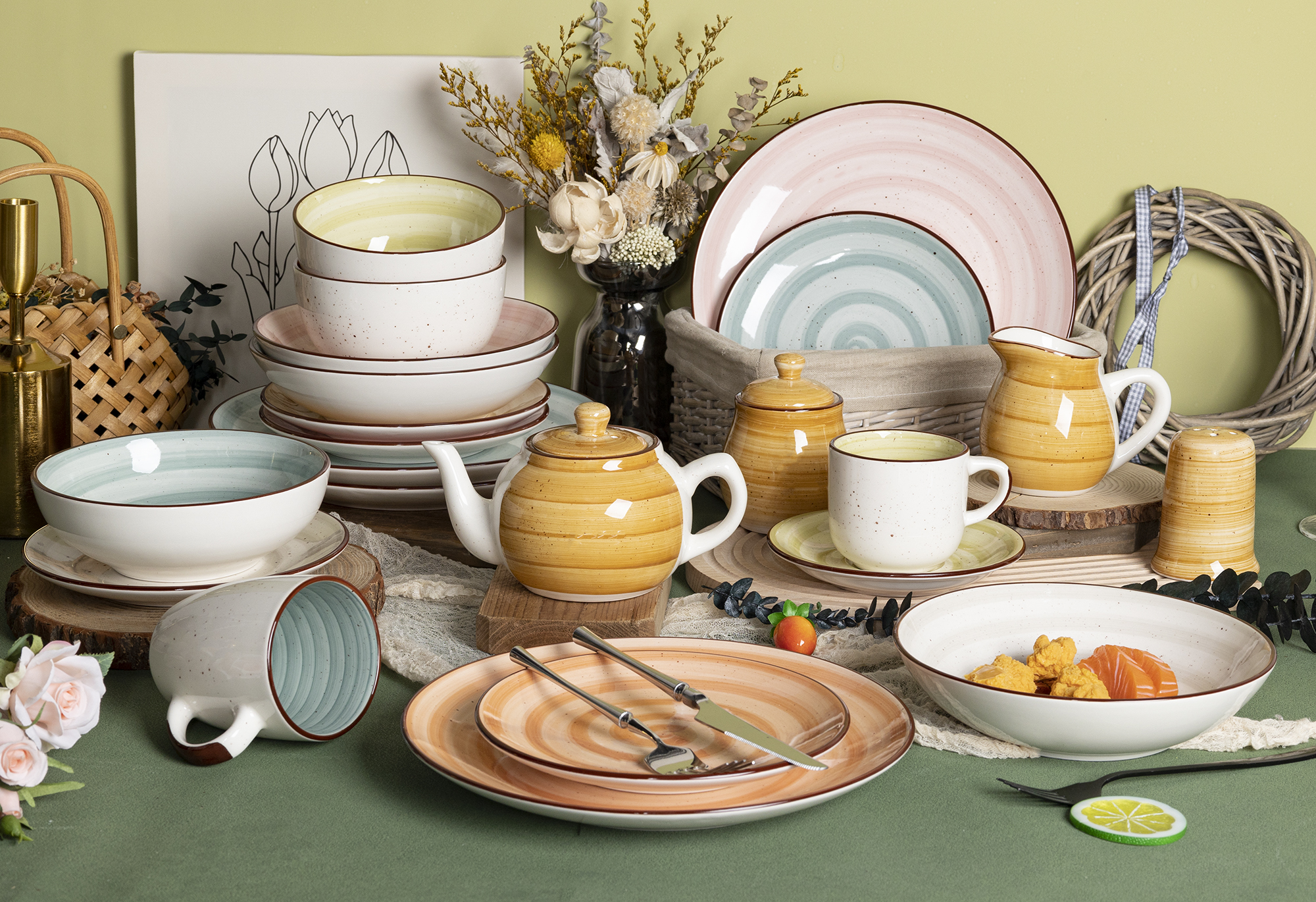 CHANGSHA HAPPY GO Fine Earthware Dinnerware Set with Sweet Pastel Gradient Hand-Painted Lines and Gentle Color Transitions  |happygodinnerware.com