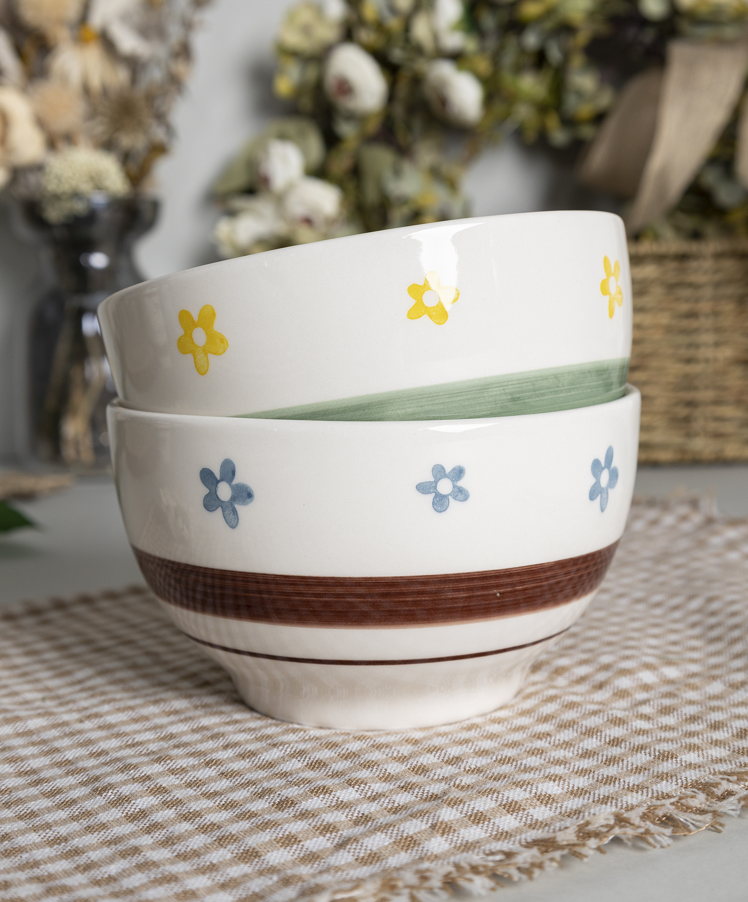 CHANGSHA HAPPY GO Fine Earthware Playful Dinnerware Set with Hand-Painted Colorful Small Flowers and Striped Accents  |happygodinnerware.com