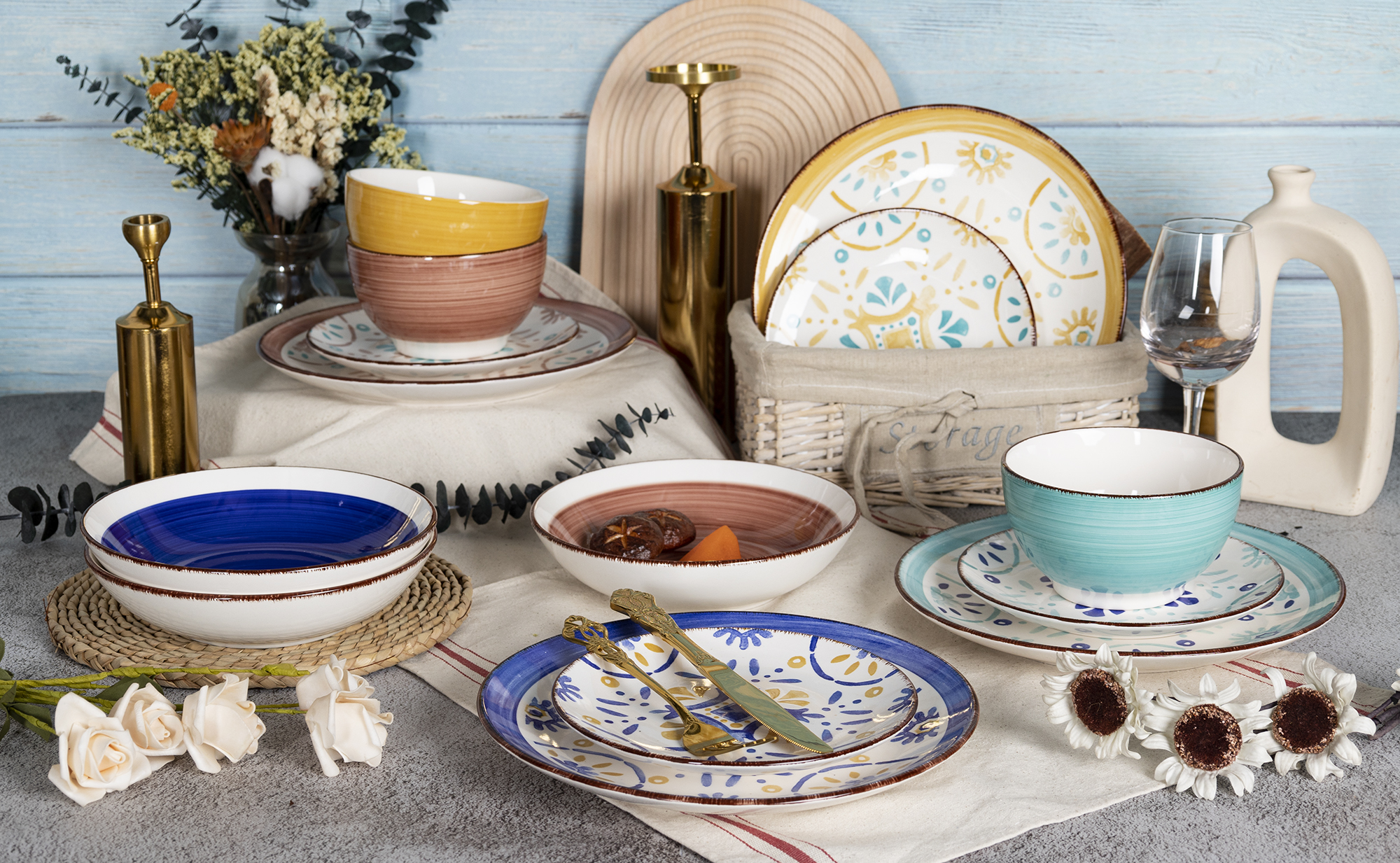 CHANGSHA HAPPY GO Bohemian Colorful Stoneware Handpainted Dinnerware Set with Artistic Floral and Geometric Accents  |happygodinnerware.com