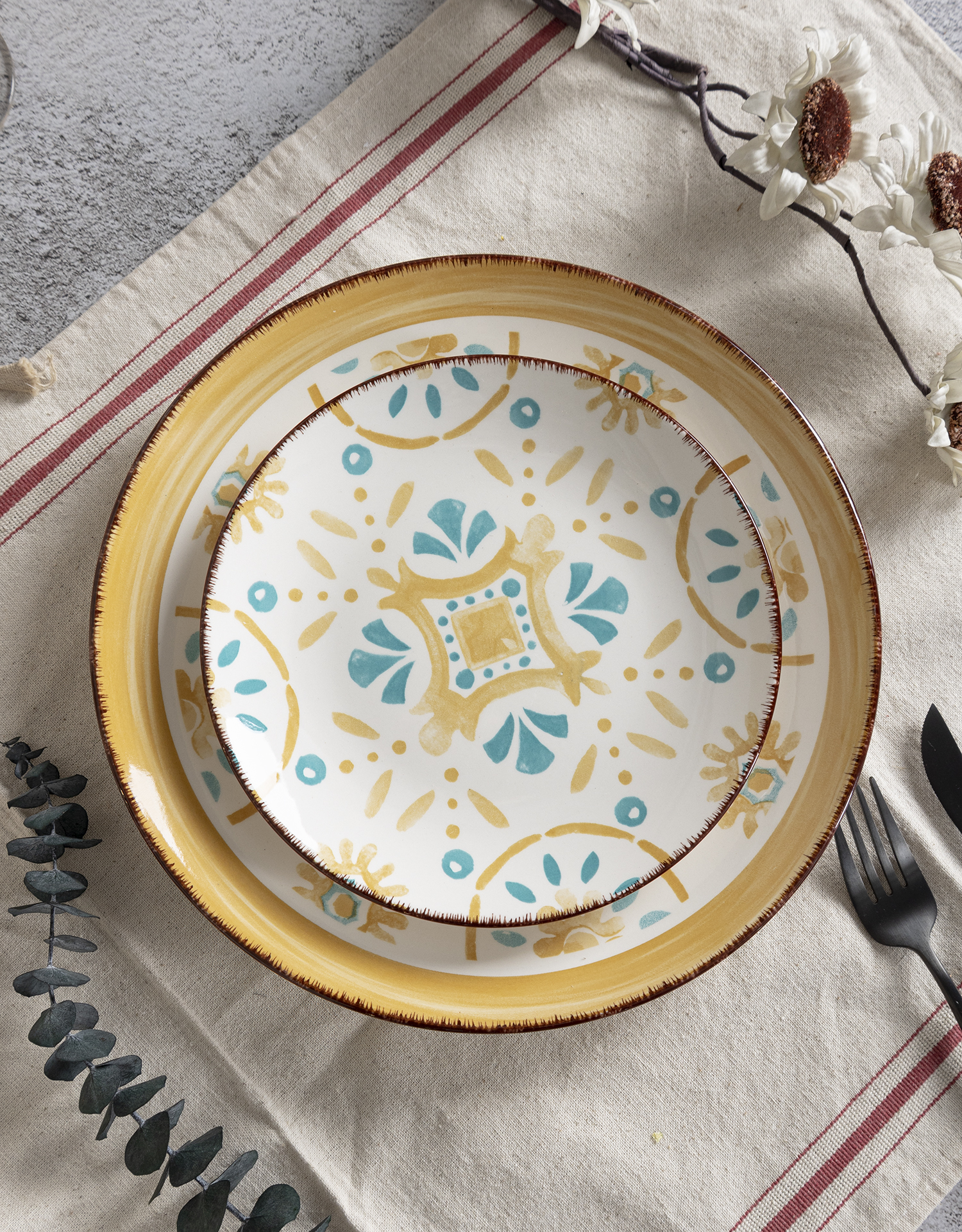 CHANGSHA HAPPY GO Bohemian Colorful Stoneware Handpainted Dinnerware Set with Artistic Floral and Geometric Accents  |happygodinnerware.com