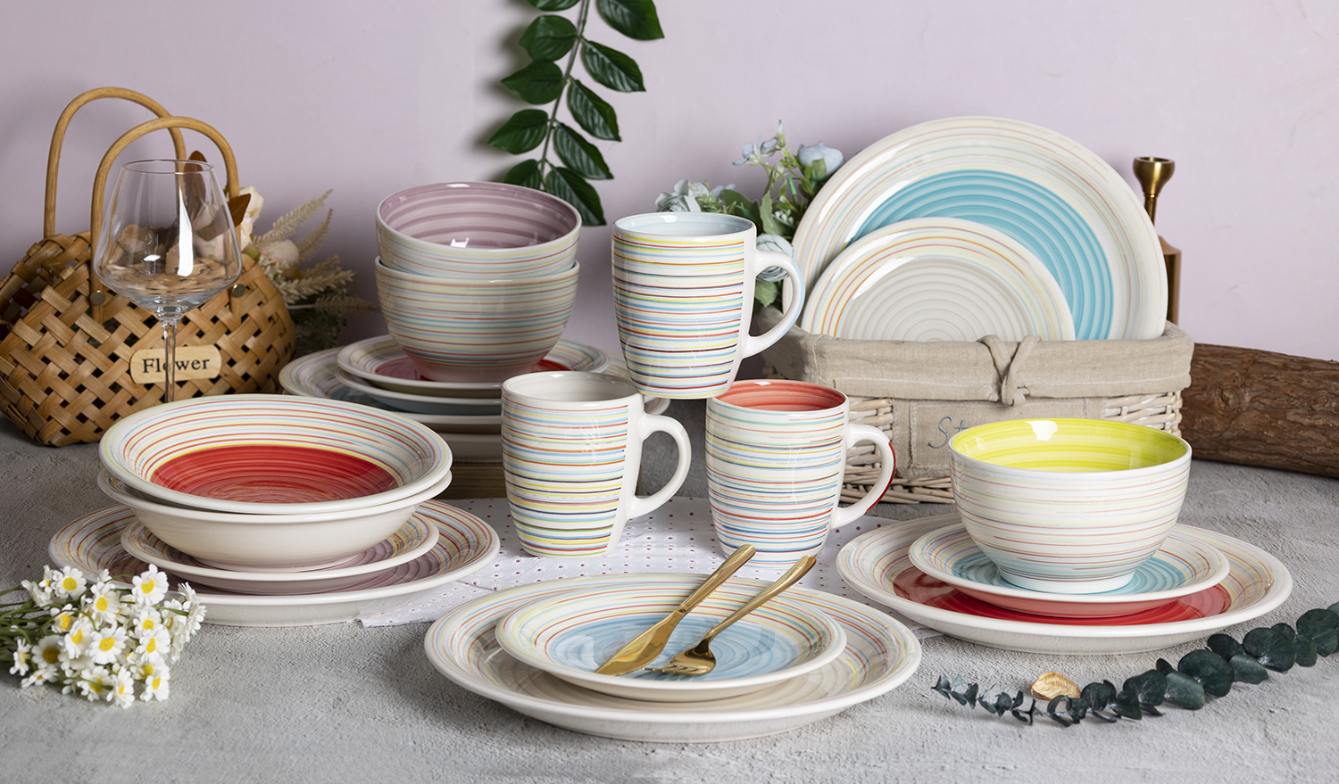 CHANGSHA HAPPY GO Rainbow Striped Stoneware Handpainted Mug and Dinnerware Set with Multicolor Swirl Lines and Fresh Style  |happygodinnerware.com