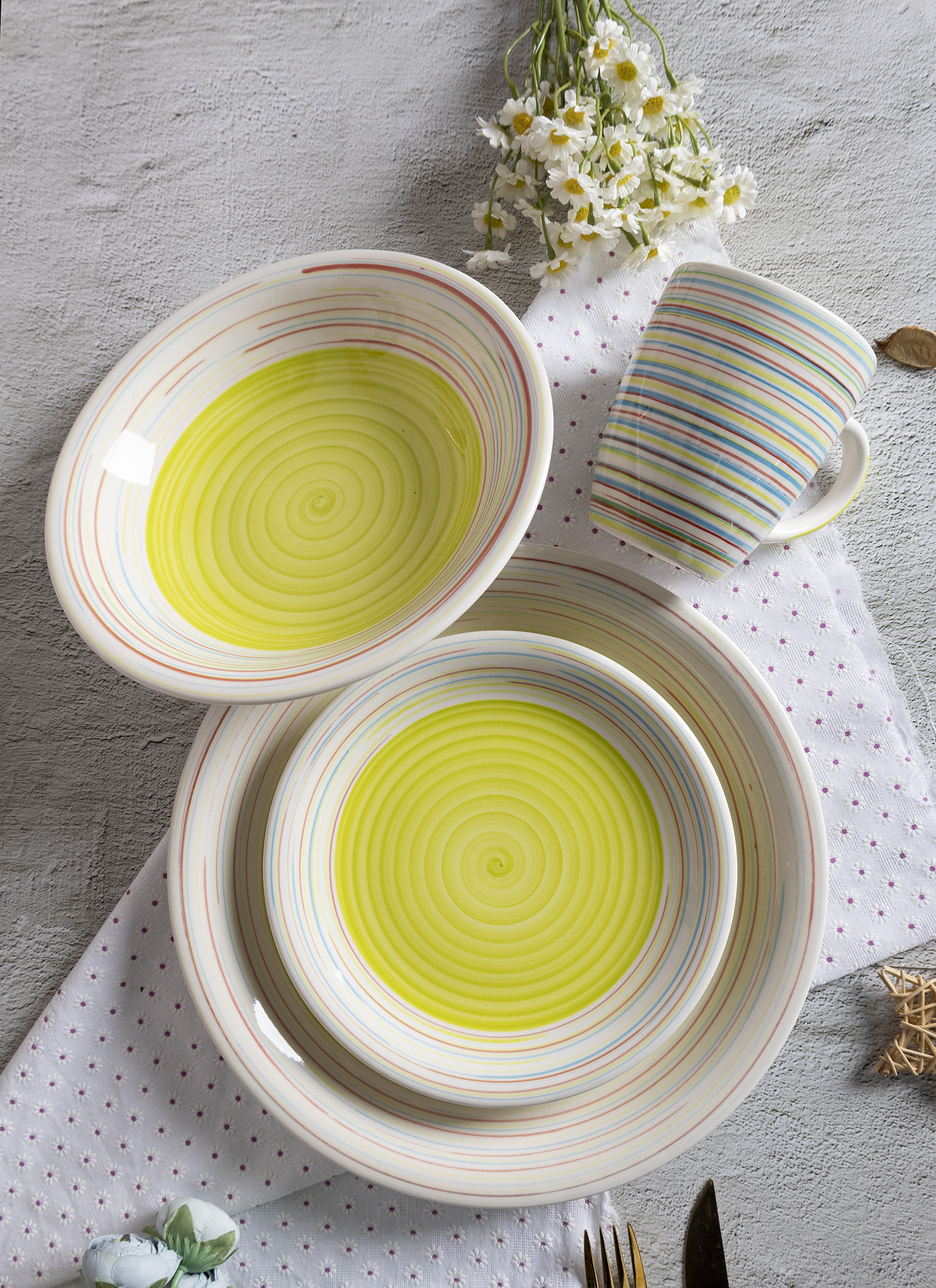 CHANGSHA HAPPY GO Rainbow Striped Stoneware Handpainted Mug and Dinnerware Set with Multicolor Swirl Lines and Fresh Style  |happygodinnerware.com