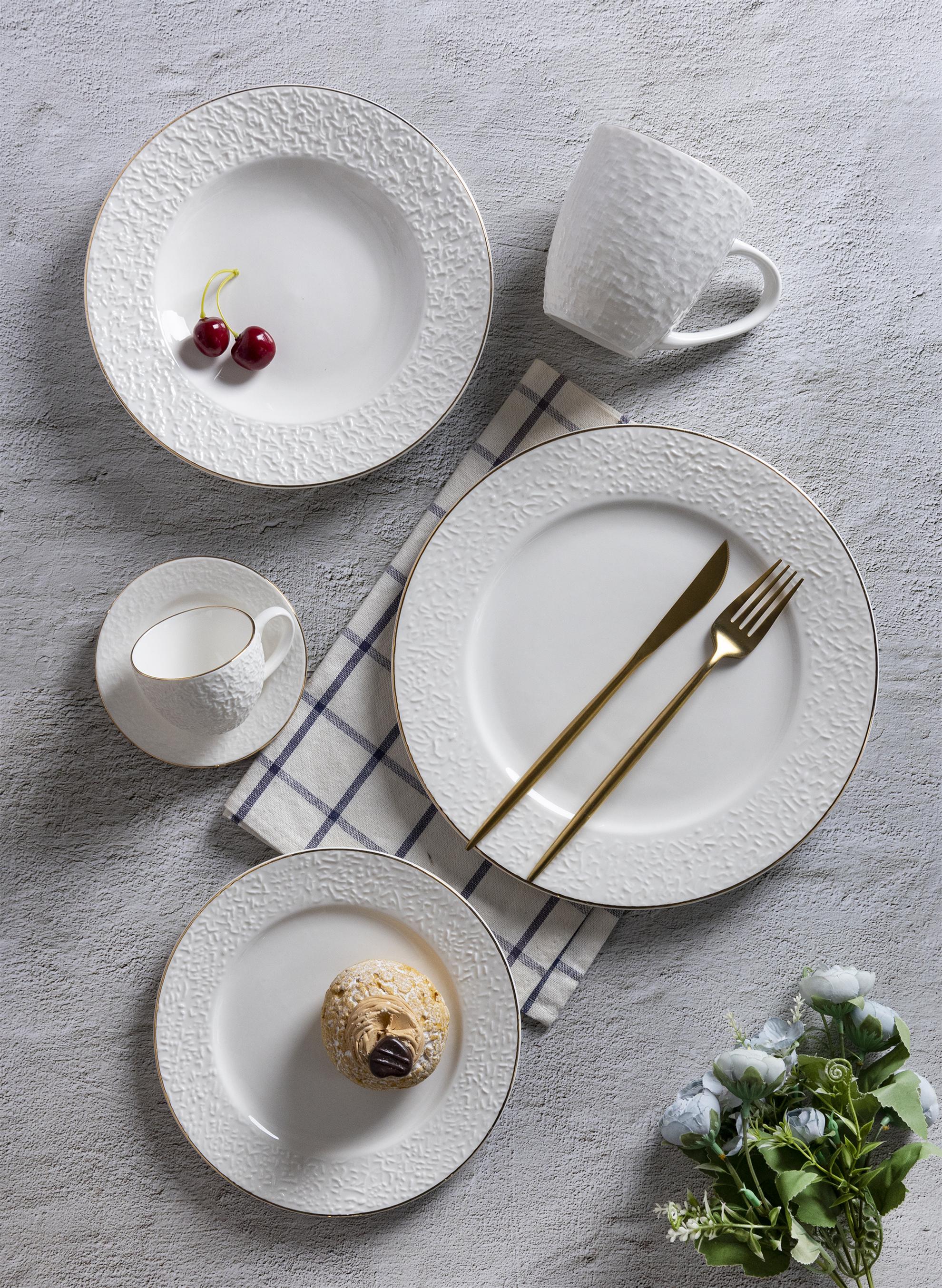 CHANGSHA HAPPY GO Gold Rim Woven Embossed Bone China Dinnerware |happygodinnerware.com