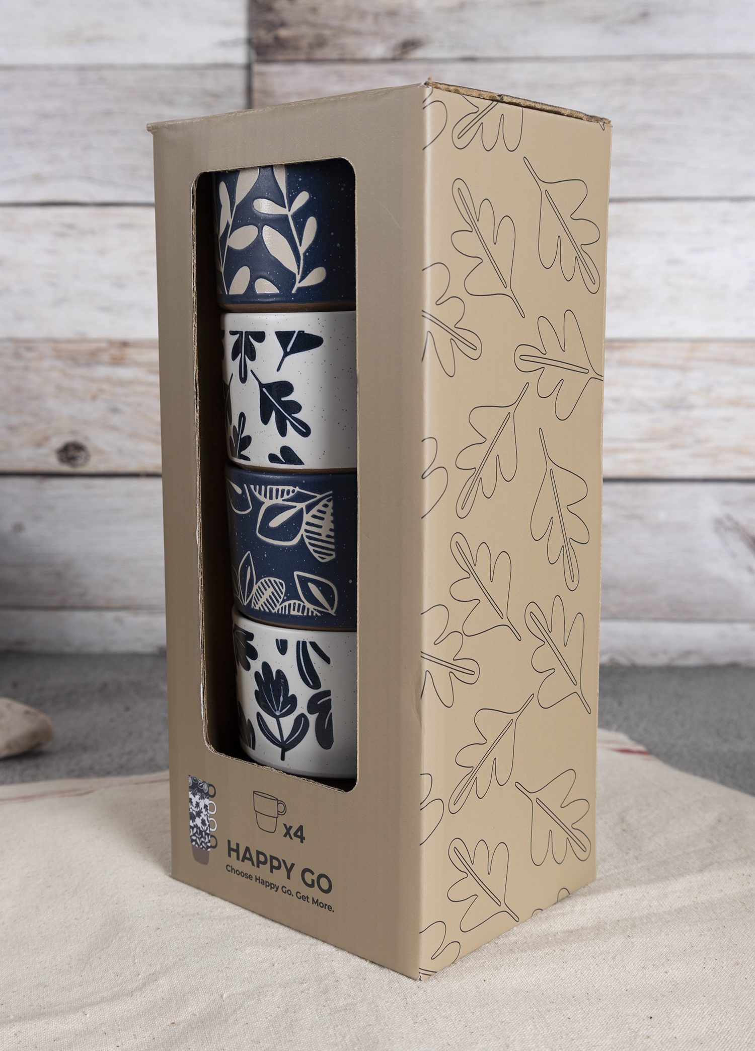 ​CHANGSHA HAPPY GO  Botanical Blue Stoneware Mug Set – Nature-Inspired Silkscreen Leaves with Rustic Clay Base|Dopamine Series Ceramics  |happygodinnerware.com