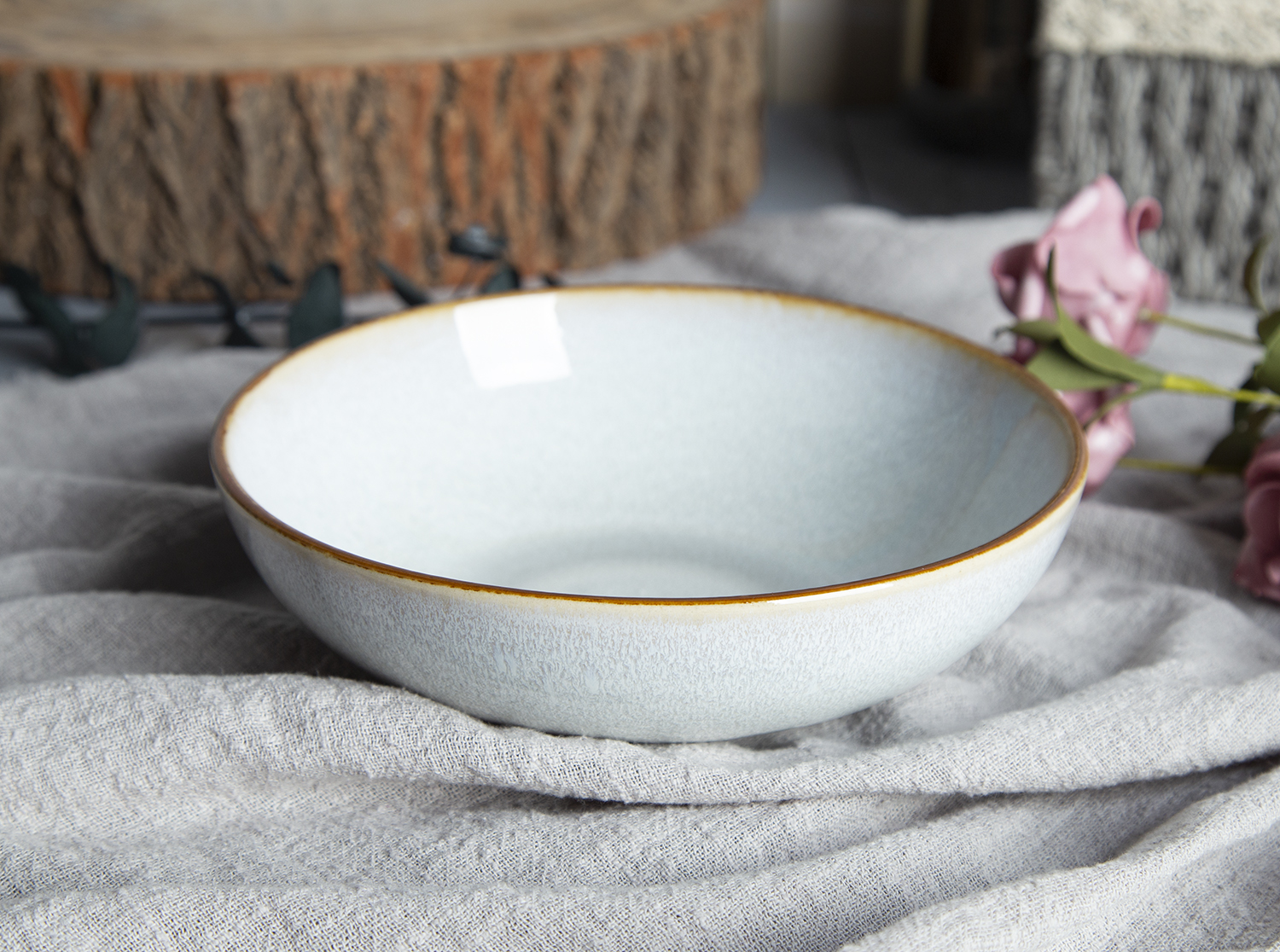 CHANGSHA HAPPY GO Smoky Grey Brown-Rim Reactive Stoneware Set |happygodinnerware.com