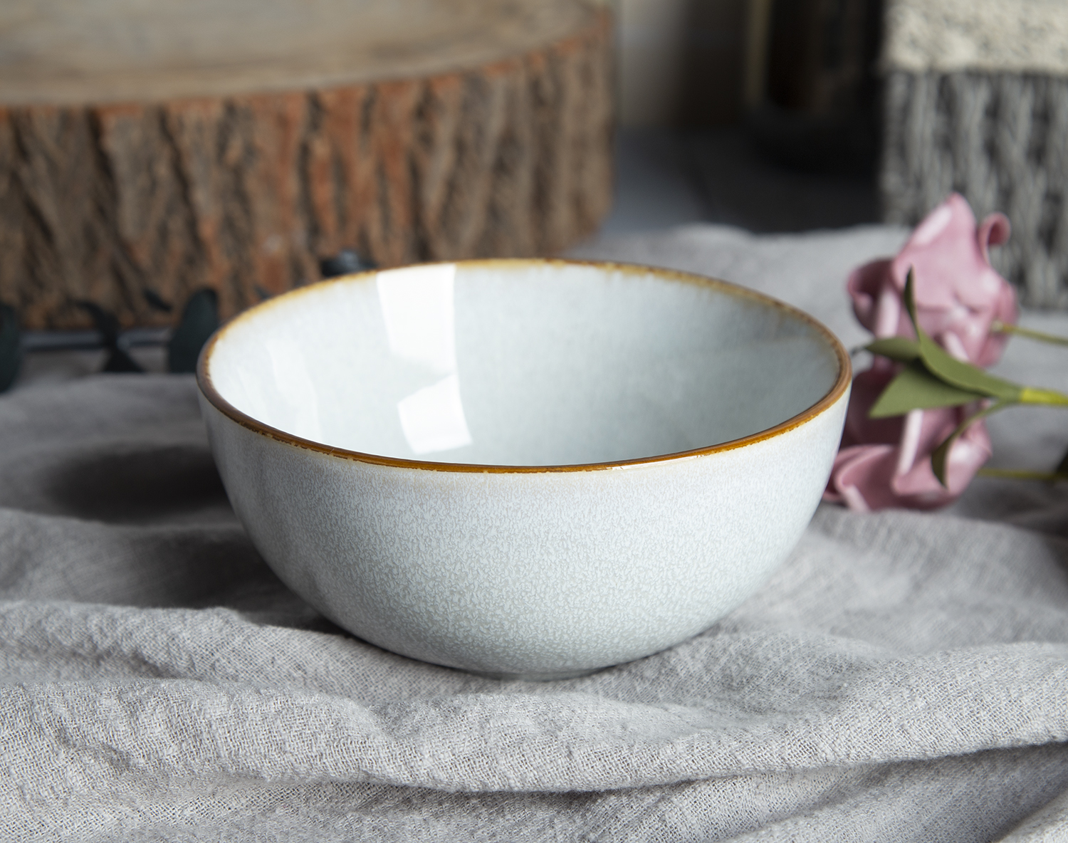 CHANGSHA HAPPY GO Smoky Grey Brown-Rim Reactive Stoneware Set |happygodinnerware.com