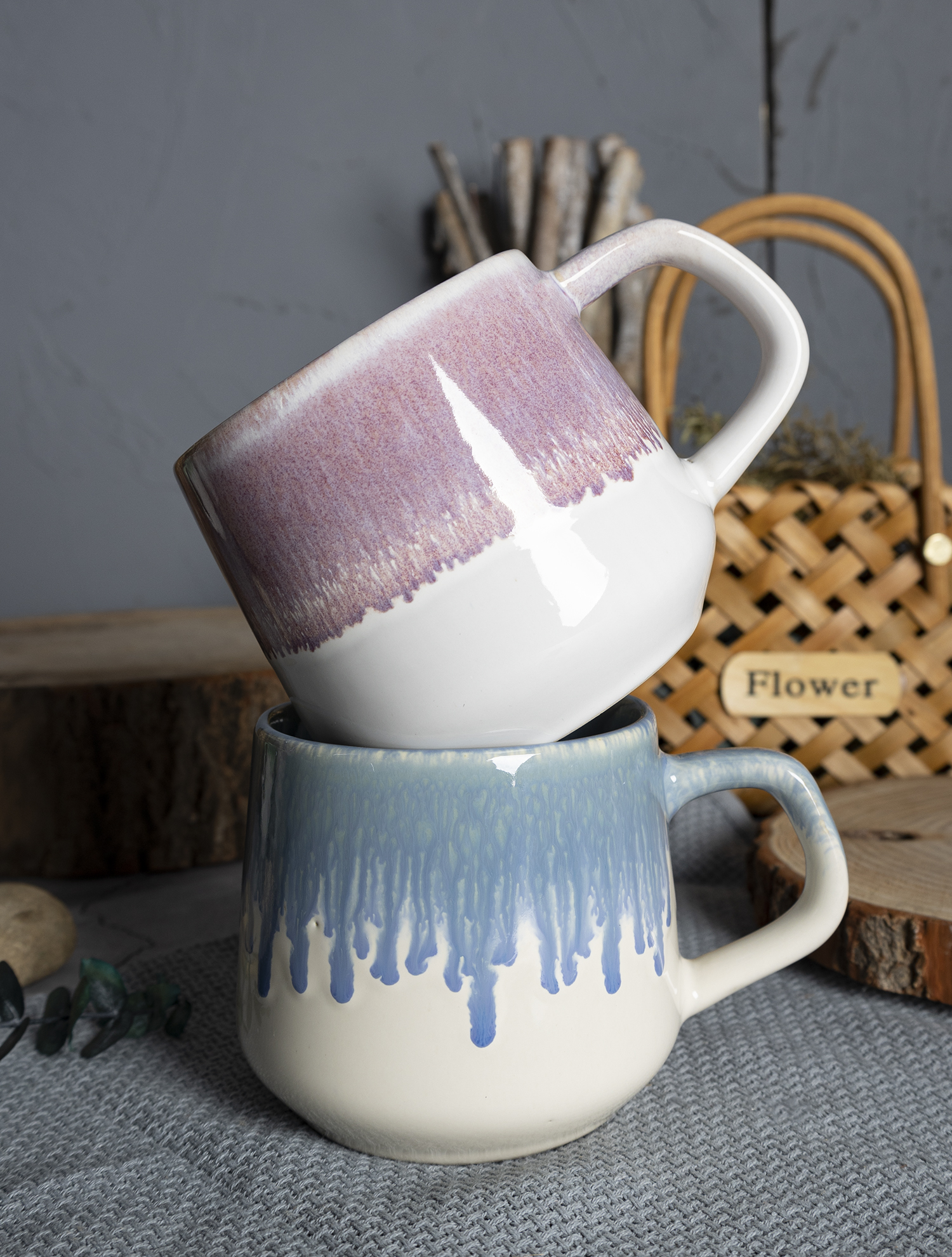 CHANGSHA HAPPY GO  Elegant Reactive Glaze Stoneware Dinnerware Set in Misty Beige and Ocean Blue with Textured Finish |Dopamine Series Ceramics  |Dopamine Series Ceramics  |happygodinnerware.com