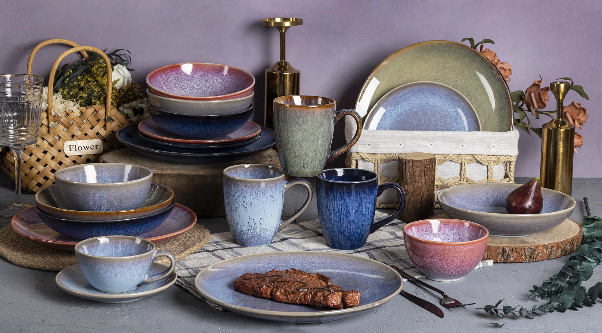 CHANGSHA HAPPY GO  Gradient Multi-Color Reactive Glaze Stoneware Dinner Set with Artistic Finish  |happygodinnerware.com