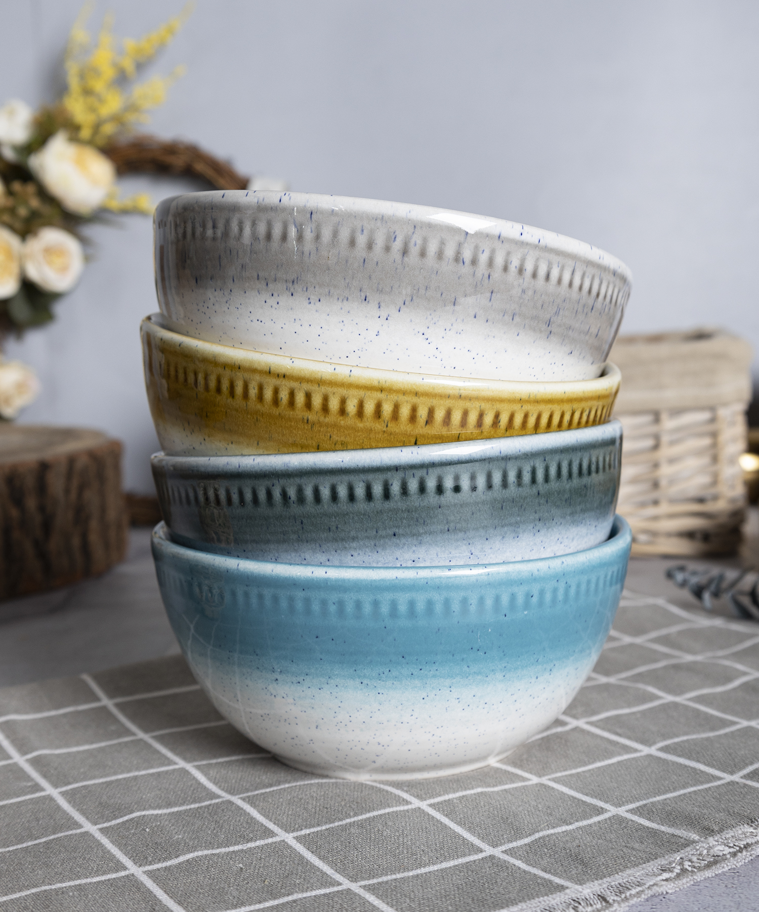 CHANGSHA HAPPY GO  Mediterranean Blue Tone Reactive Glaze Stoneware Dinner Set with Elegant Gradient  |happygodinnerware.com