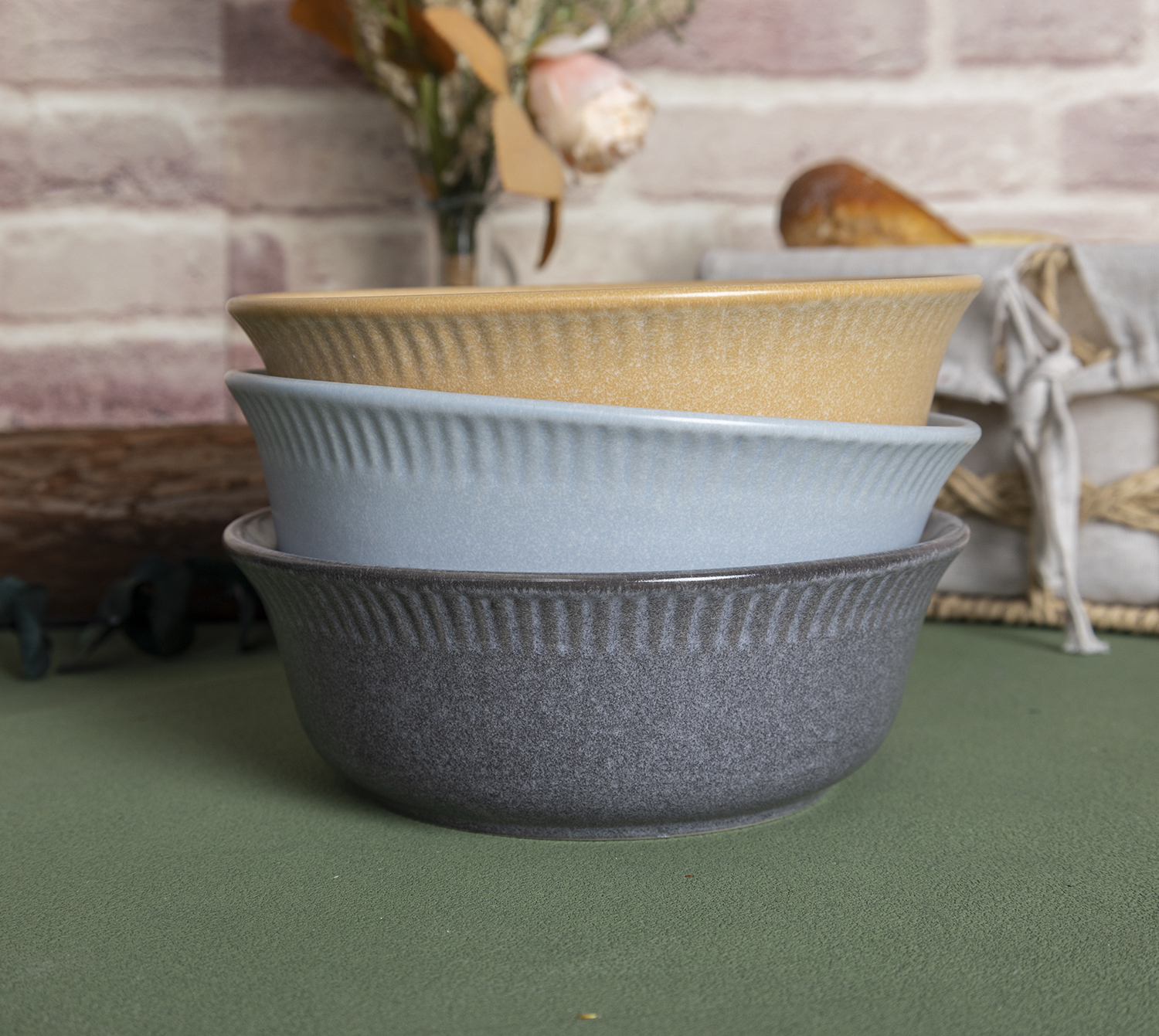 CHANGSHA HAPPY GO  Nordic Embossed Wave Reactive Glaze Stoneware Dinner Set in Soft Neutral Colors  |happygodinnerware.com