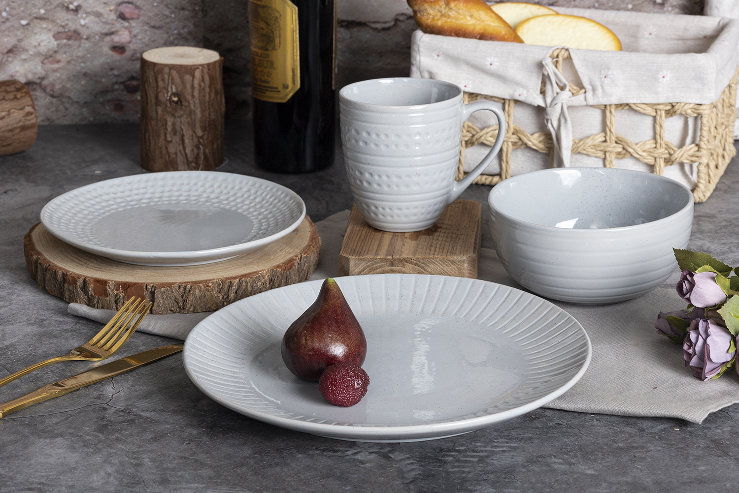 CHANGSHA HAPPY GO  Geometric Embossed Reactive Glaze Stoneware Dinner Set in Elegant Gray Tone  |happygodinnerware.com