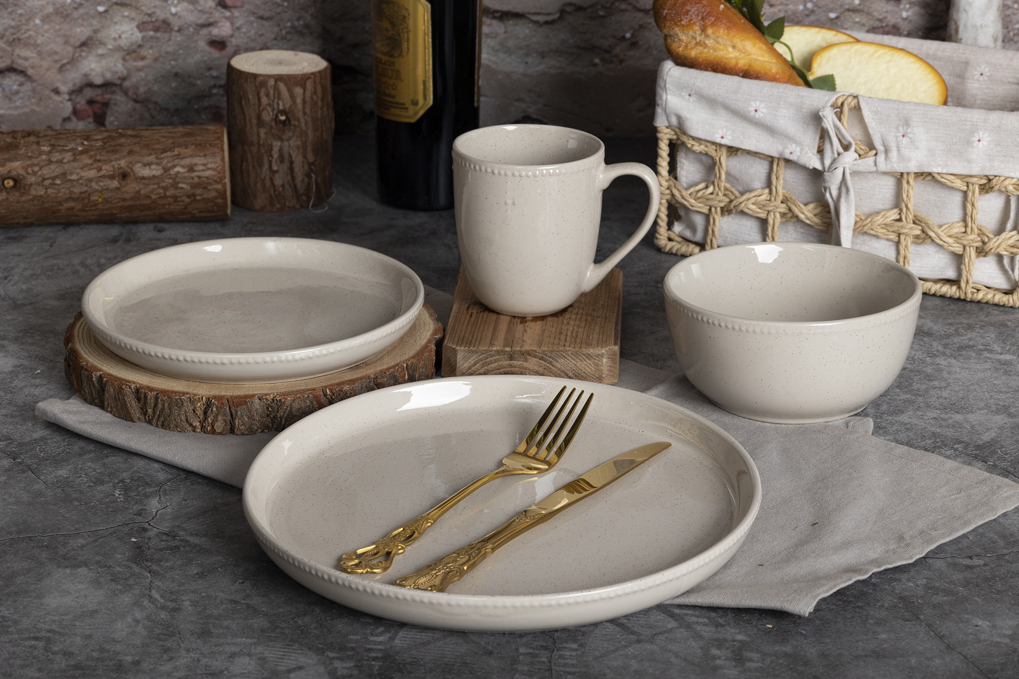 CHANGSHA HAPPY GO  Dot Embossed Reactive Glaze Stoneware Dinner Set in Light Gray with Textured Detail  |happygodinnerware.com