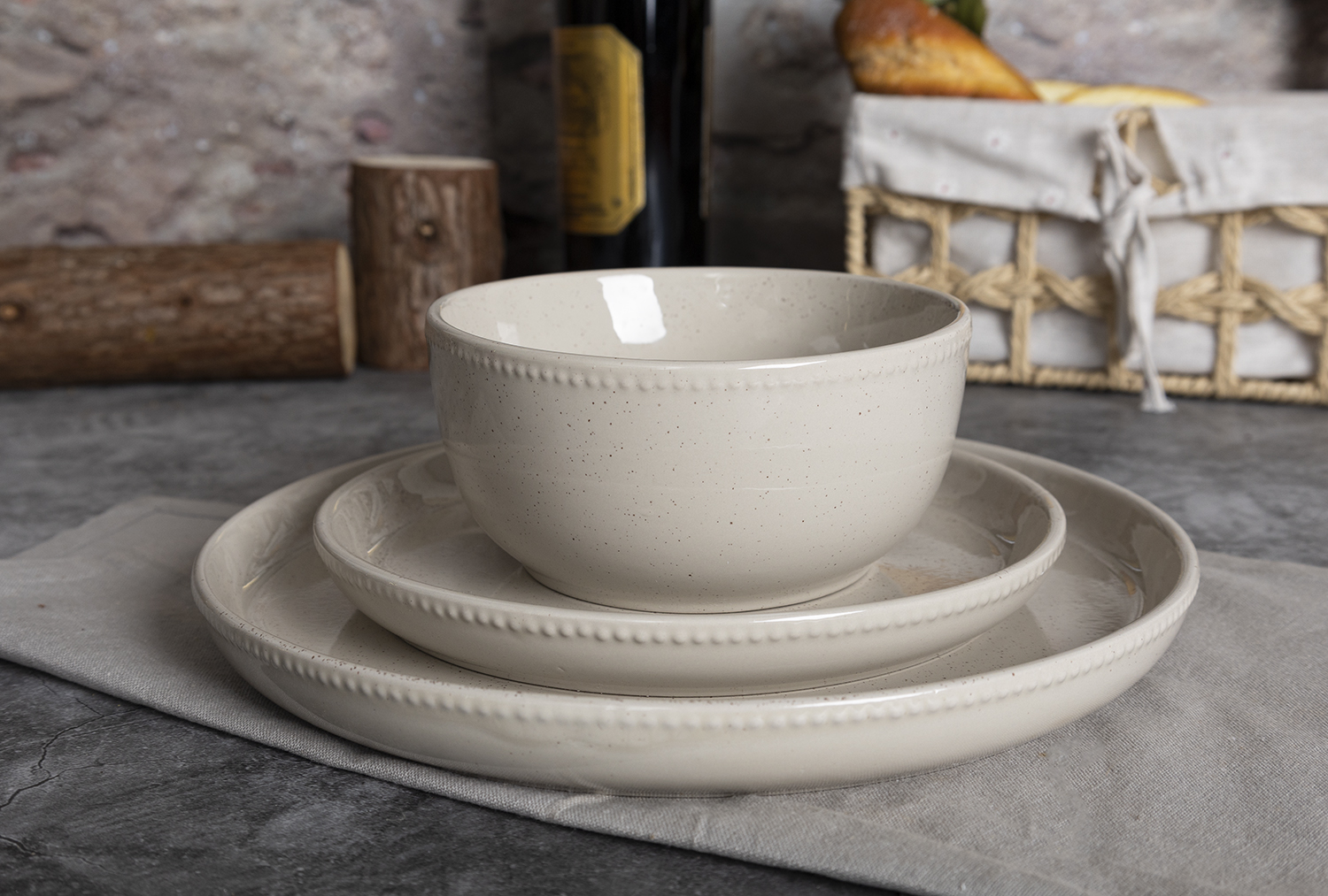 CHANGSHA HAPPY GO  Dot Embossed Reactive Glaze Stoneware Dinner Set in Light Gray with Textured Detail  |happygodinnerware.com