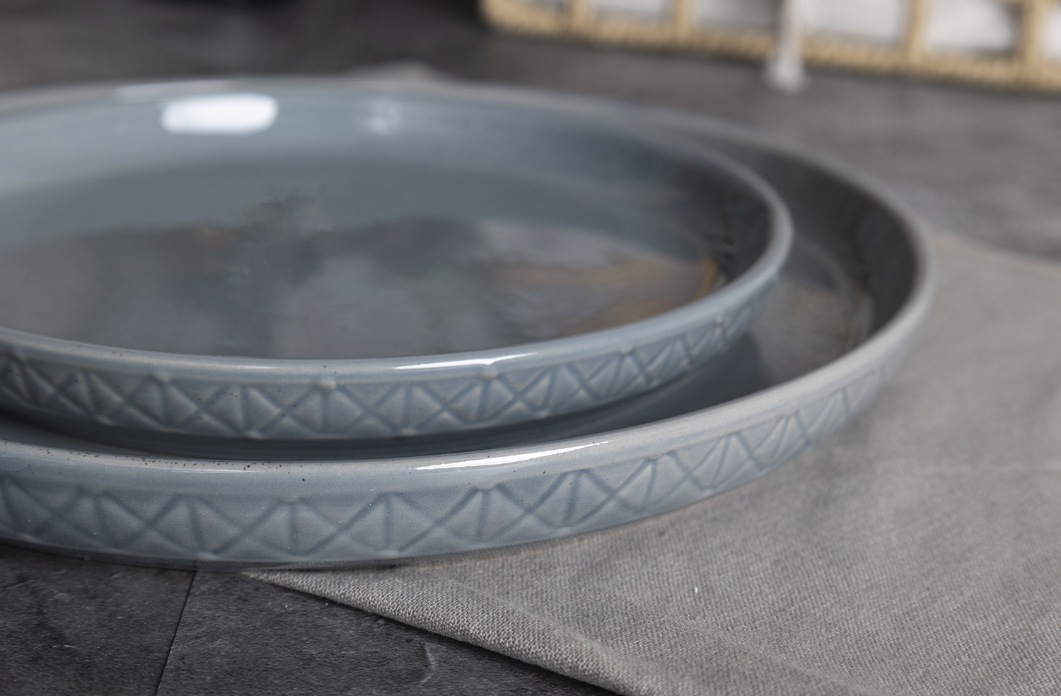 CHANGSHA HAPPY GO  Beaded Rim Embossed Reactive Glaze Stoneware Dinner Set in Warm Beige with Classic Touch  |happygodinnerware.com