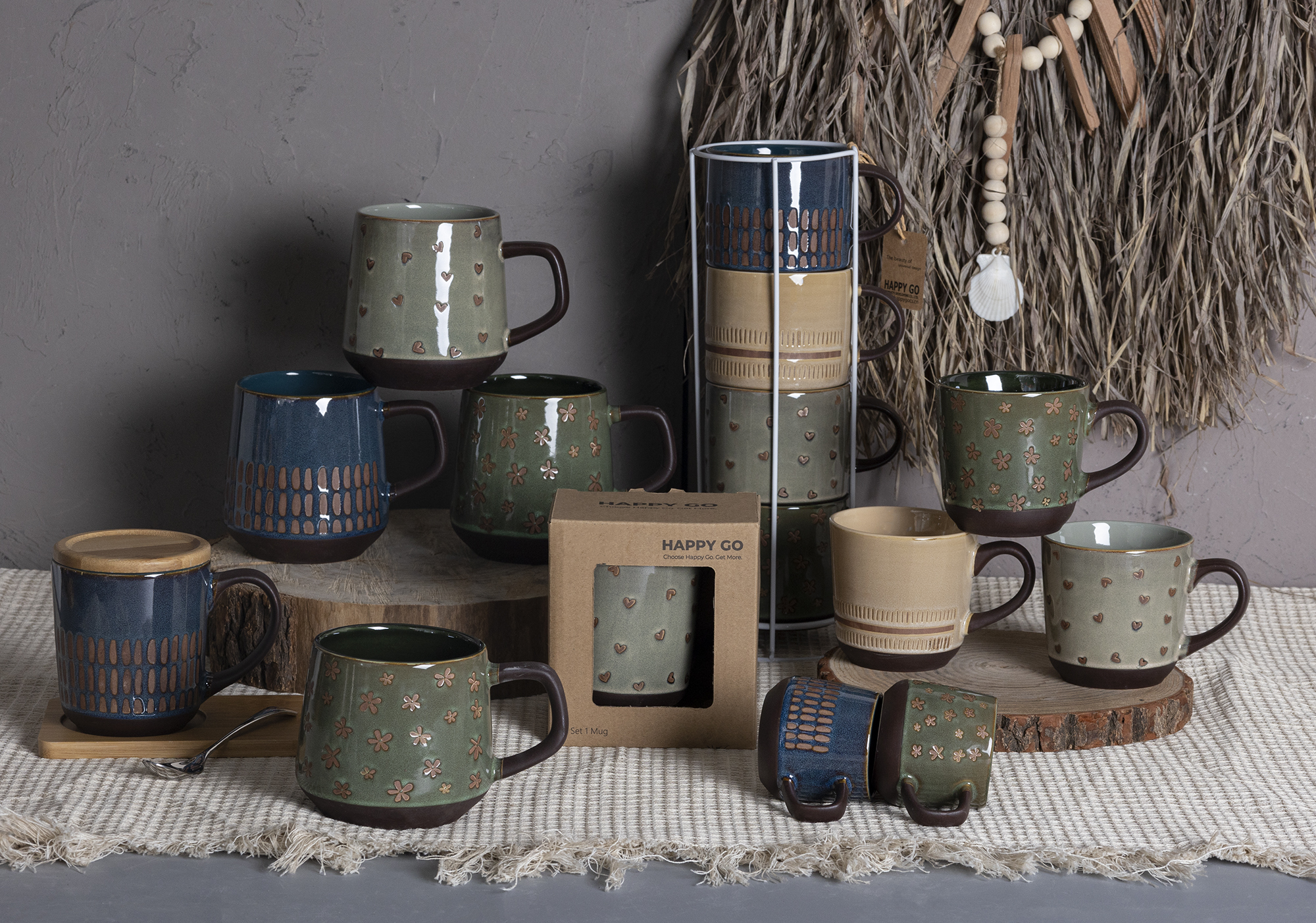 CHANGSHA HAPPY GO Silk screen Vintage Ceramic Coffee Mugs – Handcrafted Rustic Style Cups with Gift Box & Rack Set|happygodinnerware.com