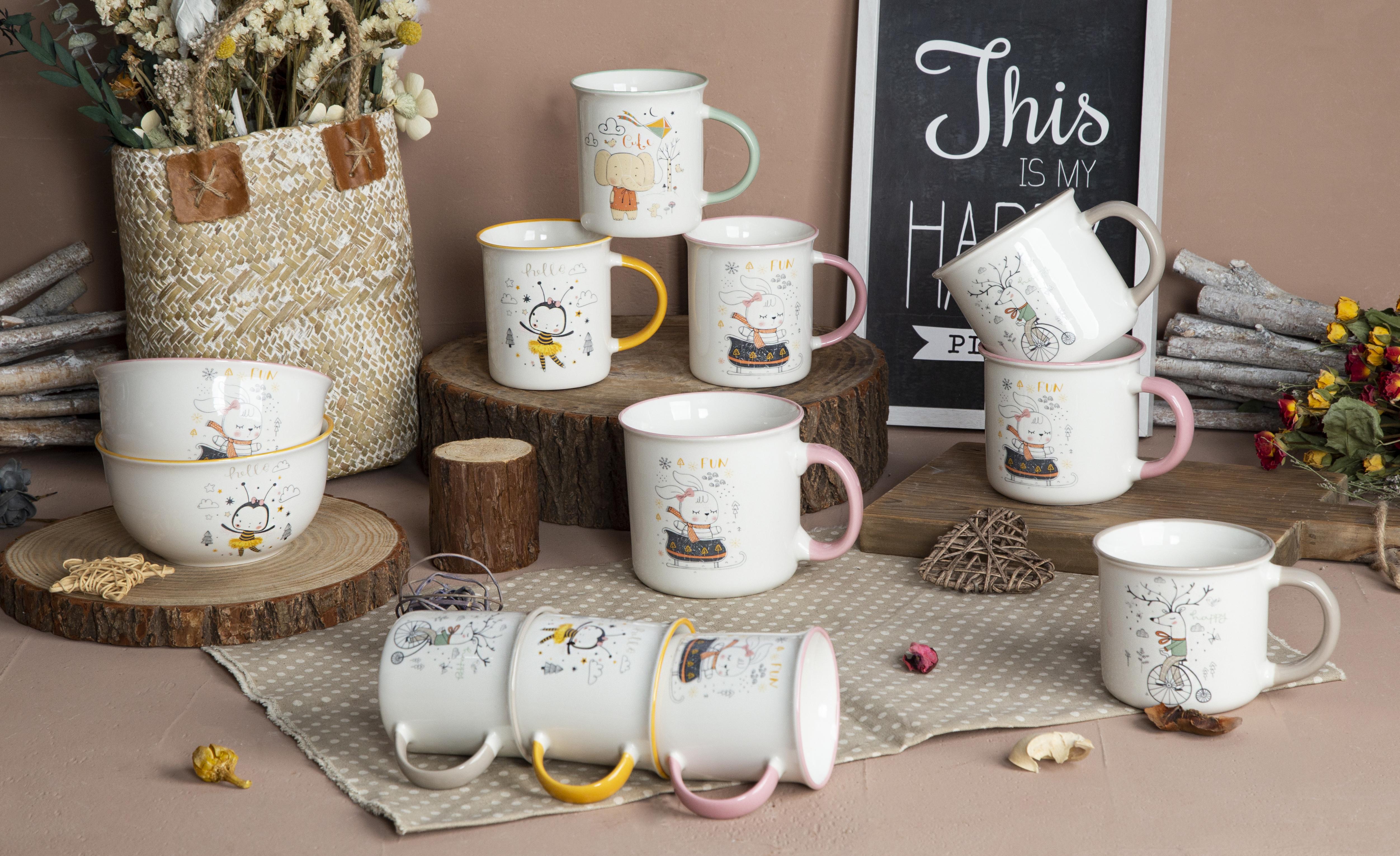 CHANGSHA HAPPY GO Cartoon Decal Mugs with Colored Handles |happygodinnerware.com