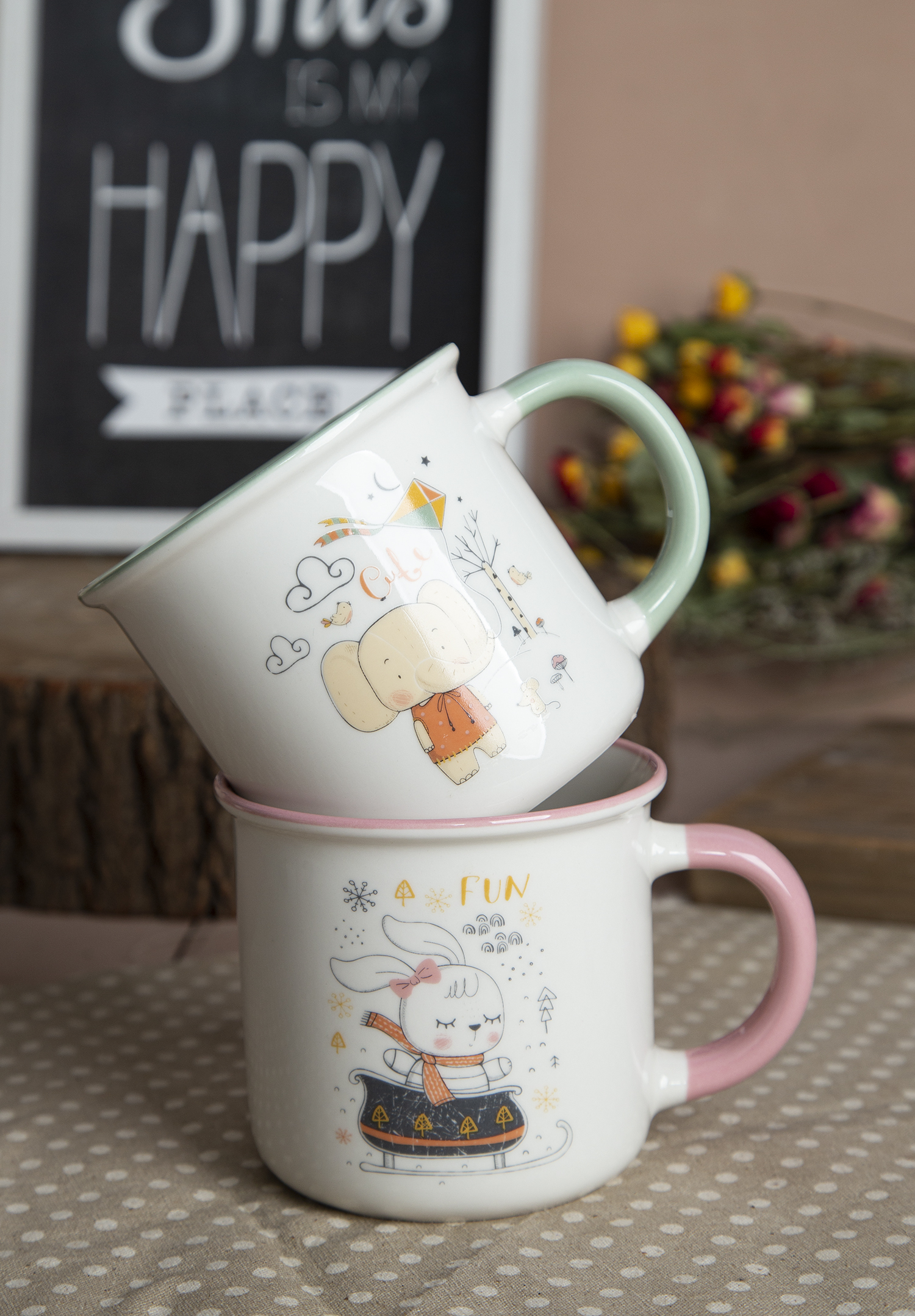 CHANGSHA HAPPY GO Cartoon Decal Mugs with Colored Handles |happygodinnerware.com