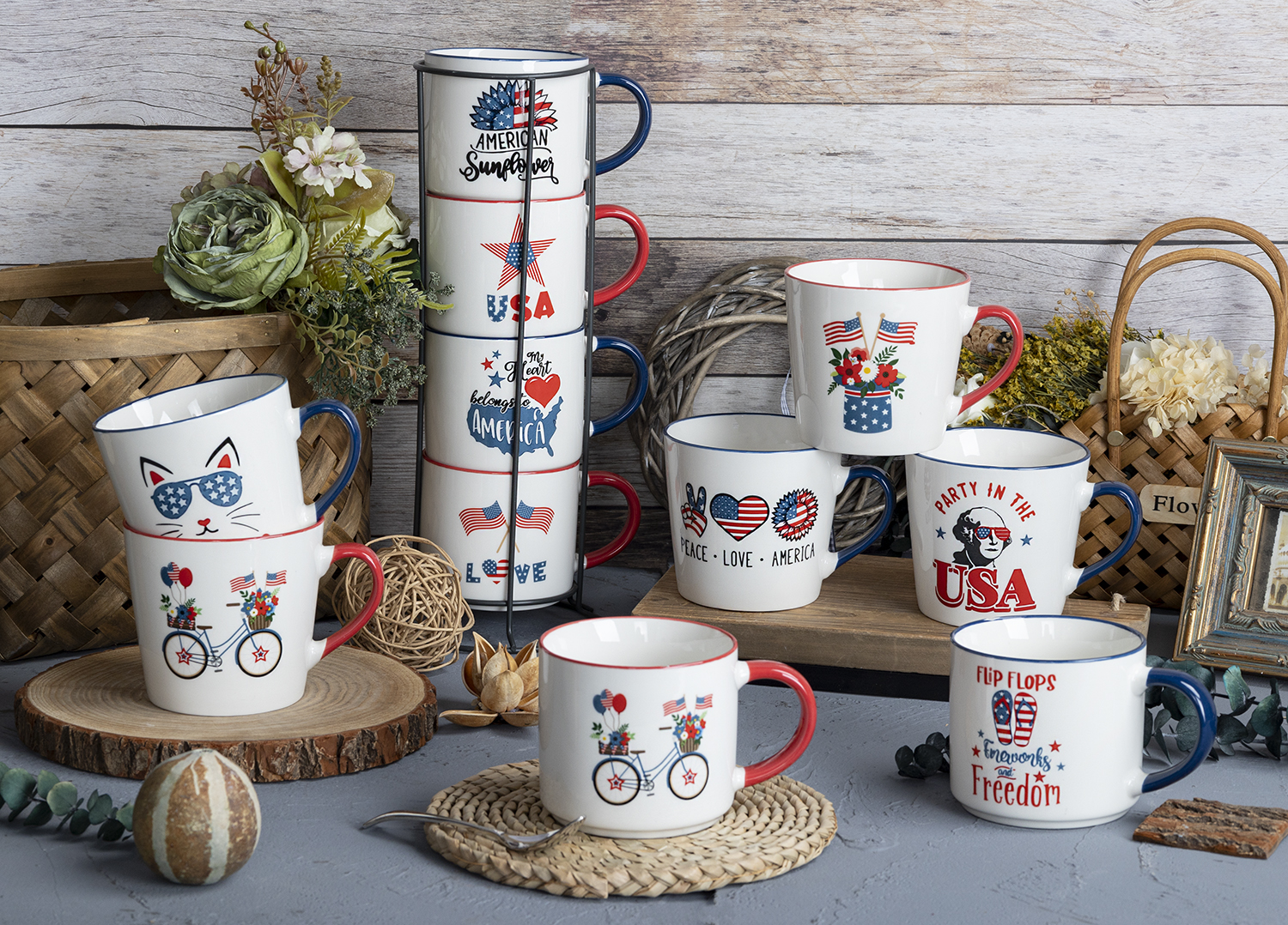 CHANGSHA HAPPY GO  Patriotic American Decal Ceramic Mug Set with Red White Blue Summer Holiday Designs |Dopamine Series Ceramics|happygodinnerware.com