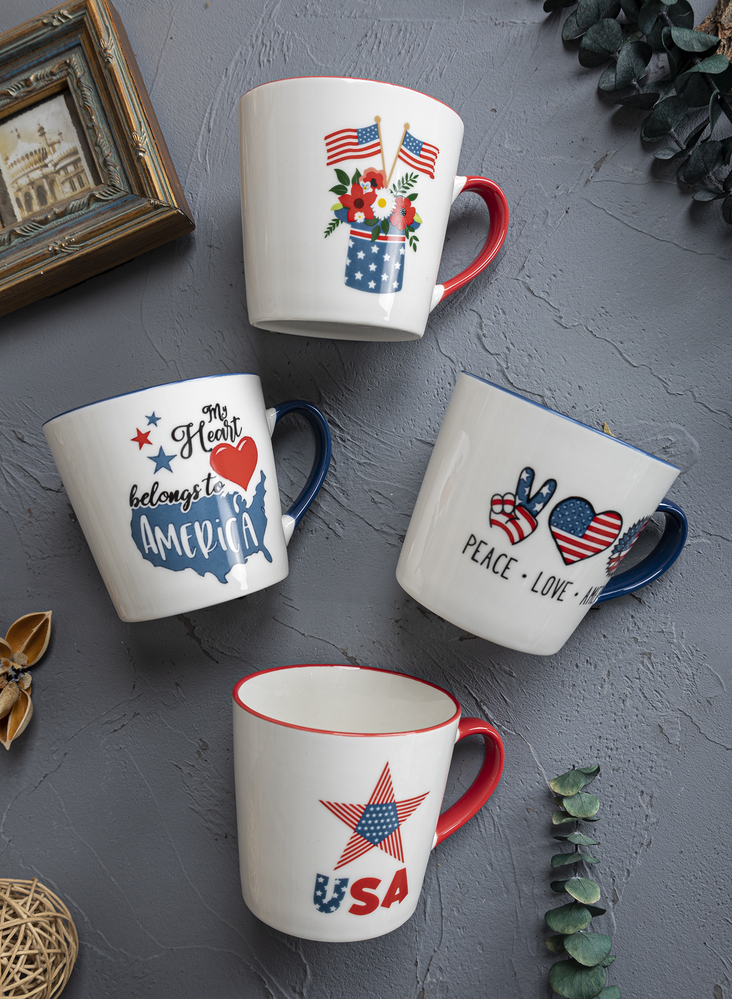 CHANGSHA HAPPY GO  Patriotic American Decal Ceramic Mug Set with Red White Blue Summer Holiday Designs |Dopamine Series Ceramics|happygodinnerware.com