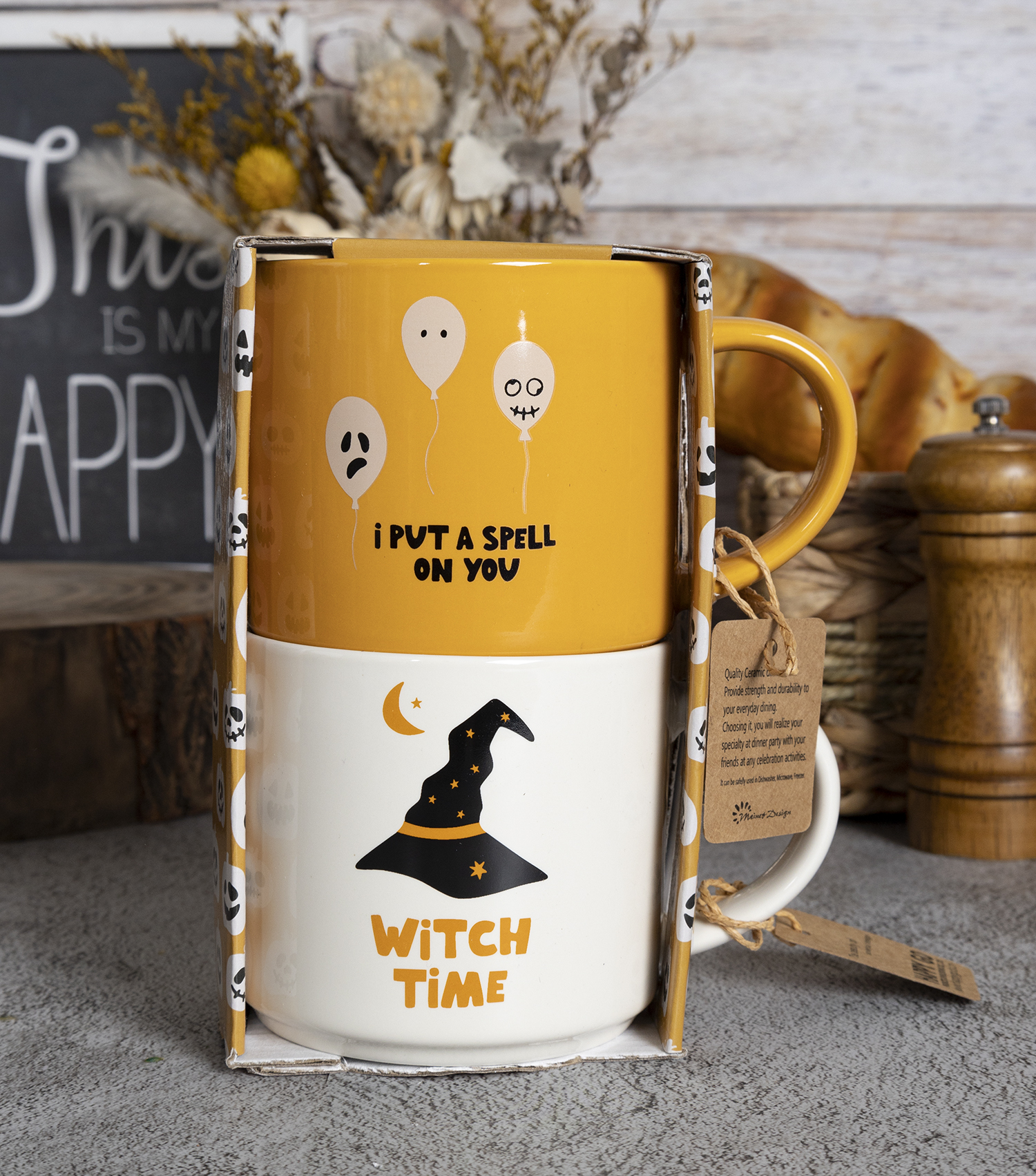 CHANGSHA HAPPY GO  Playful Halloween-Themed New Bone China Mug Set with Cartoon Ghosts and Pumpkins Decals  |happygodinnerware.com