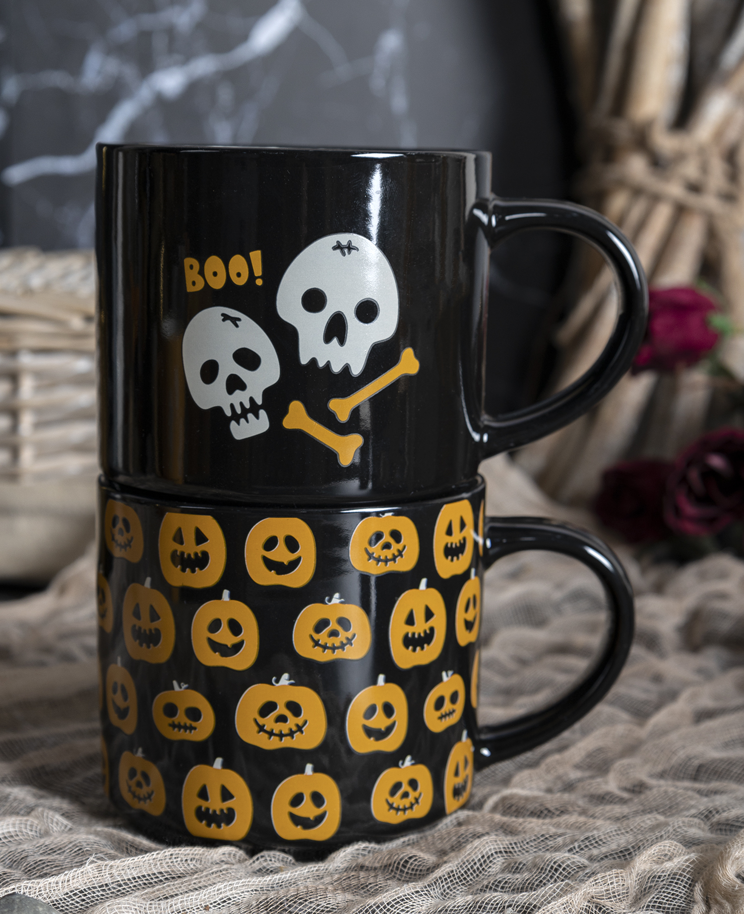 CHANGSHA HAPPY GO  Playful Halloween-Themed New Bone China Mug Set with Cartoon Ghosts and Pumpkins Decals  |happygodinnerware.com