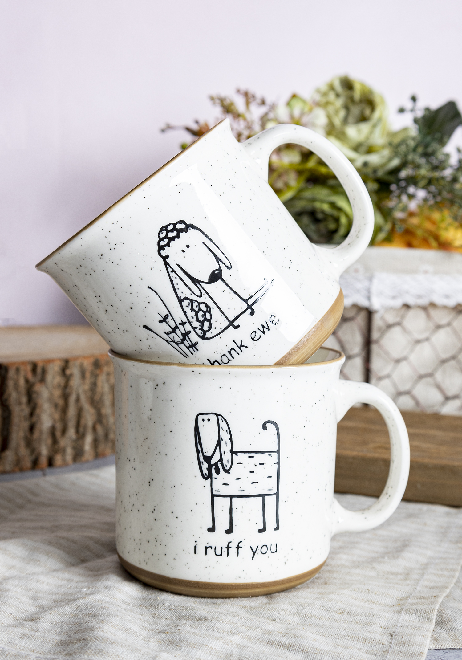 CHANGSHA HAPPY GO  Charming Farm Animal Sketch New Bone China Mug Set with Rustic Speckled Glaze Finish  |happygodinnerware.com