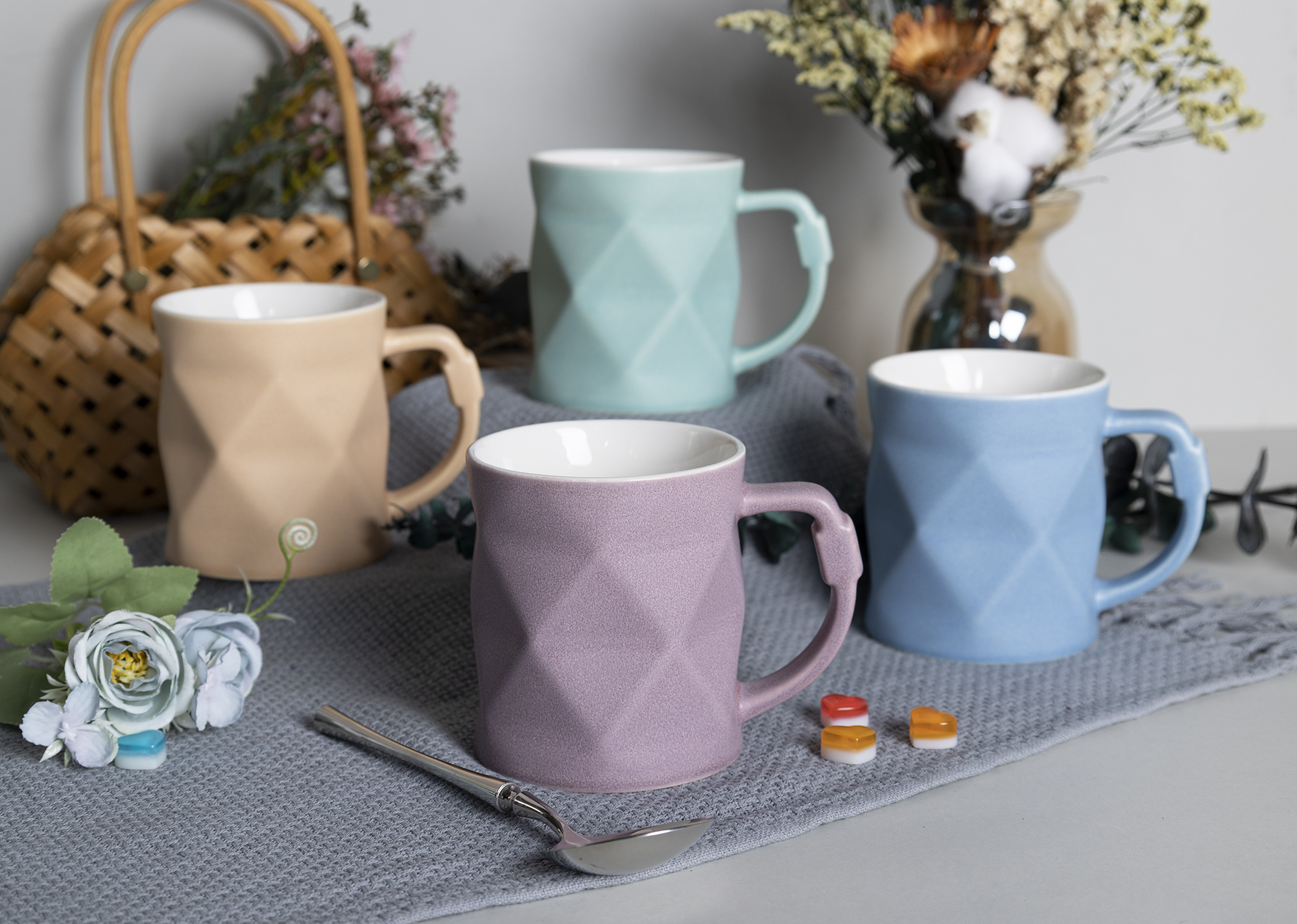CHANGSHA HAPPY GO Matte Pastel Embossed New Bone China Mugs with Diamond Texture and Artistic Handle |Dopamine Series Ceramics  |happygodinnerware.com