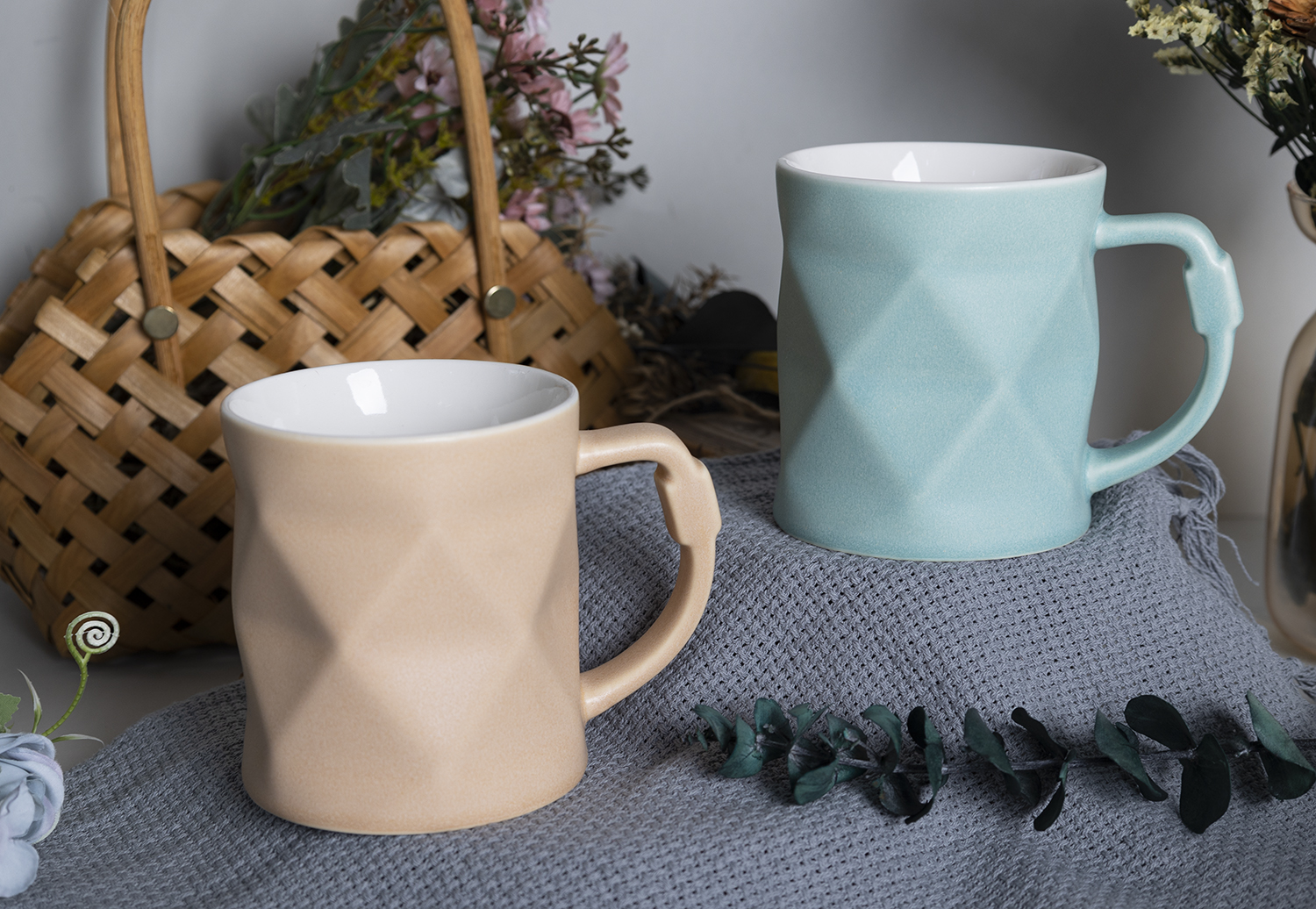 CHANGSHA HAPPY GO Matte Pastel Embossed New Bone China Mugs with Diamond Texture and Artistic Handle |Dopamine Series Ceramics  |happygodinnerware.com