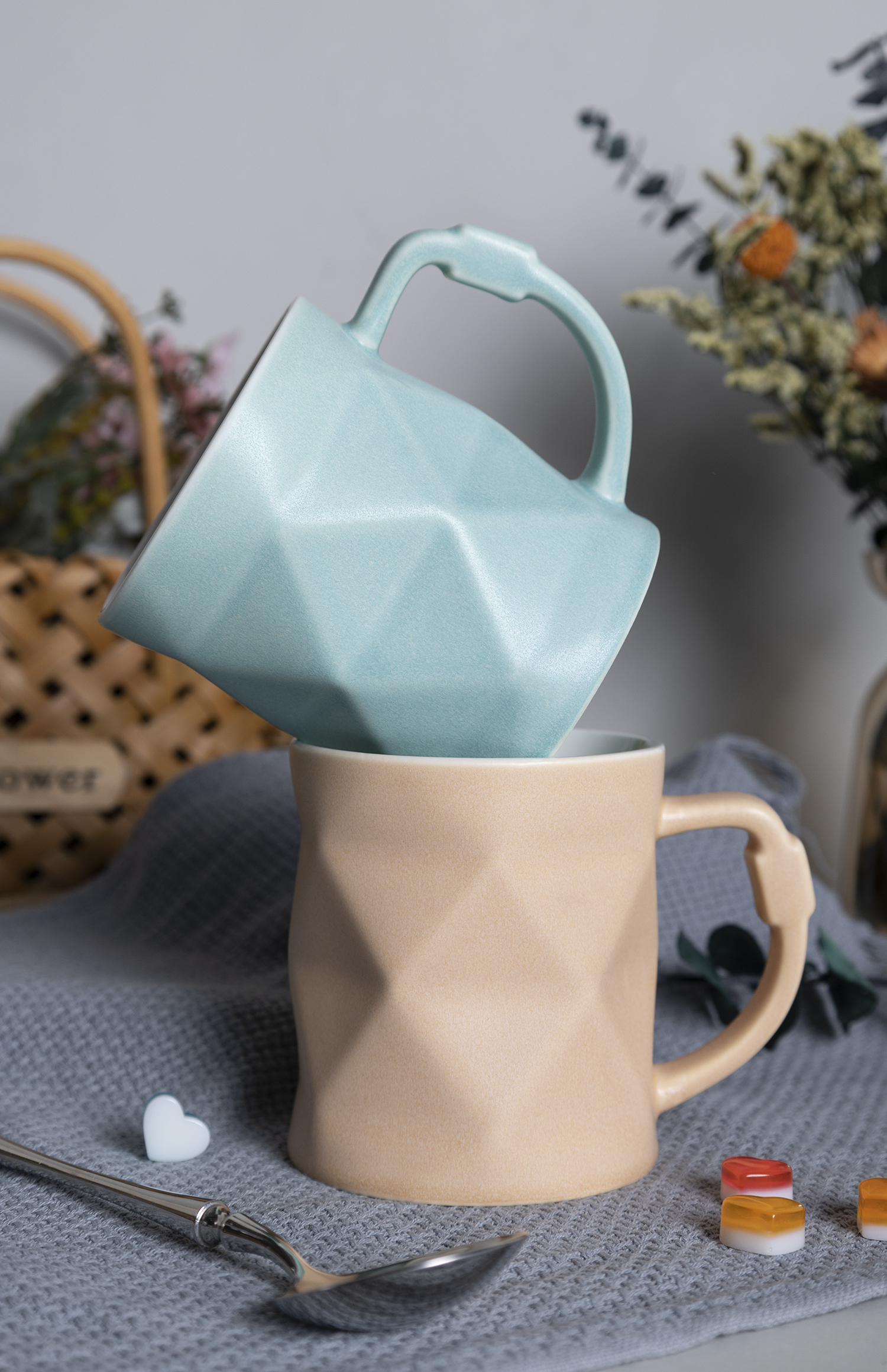 CHANGSHA HAPPY GO Matte Pastel Embossed New Bone China Mugs with Diamond Texture and Artistic Handle |Dopamine Series Ceramics  |happygodinnerware.com